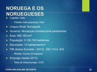 FCSH-UNL/DALIAN 2015/2016
NORUEGA E OS
NORUEGUESES
 Capital: Oslo
□ Cidade mais populosa: Oslo
 Língua oficial: Norueguês
 Governo: Monarquia constitucional parlamentar
 Área: 385.155 km²
 População: 5.136.700 habitantes
 Densidade: 12 habitantes/km²
 PIB (dados Eurostat – 2013): 282.174,0 M €
□ Moeda: Coroa norueguesa
 Emprego (dados 2013):
□ Taxa de Desemprego: 3,6%
23
 