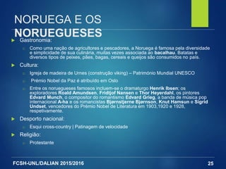 FCSH-UNL/DALIAN 2015/2016
NORUEGA E OS
NORUEGUESES Gastronomia:
□ Como uma nação de agricultores e pescadores, a Noruega é famosa pela diversidade
e simplicidade de sua culinária, muitas vezes associada ao bacalhau. Batatas e
diversos tipos de peixes, pães, bagas, cereais e queijos são consumidos no país.
 Cultura:
□ Igreja de madeira de Urnes (construção viking) – Património Mundial UNESCO
□ Prémio Nobel da Paz é atribuído em Oslo
□ Entre os noruegueses famosos incluem-se o dramaturgo Henrik Ibsen; os
exploradores Roald Amundsen, Fridtjof Nansen e Thor Heyerdahl, os pintores
Edvard Munch, o compositor do romantismo Edvard Grieg, a banda de música pop
internacional A-ha e os romancistas Bjørnstjerne Bjørnson, Knut Hamsun e Sigrid
Undset, vencedores do Prémio Nobel de Literatura em 1903,1920 e 1928,
respetivamente.
 Desporto nacional:
□ Esqui cross-country | Patinagem de velocidade
 Religião:
□ Protestante
25
 