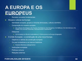 FCSH-UNL/DALIAN 2015/2016
A EUROPA E OS
EUROPEUS Ideia de Europa
□ Revisitar conceitos fundamentais
 Mosaico cultural da Europa
□ Identidade europeia, grupos e minorias étnicos(as), cultura e território
□ Composição do mosaico europeu
 Os Latinos | Os Gregos | Os Turcos | Os Eslavos | Os Húngaros | Os Bálticos | Os Germânicos | Os
Celtas | As minorias nacionais, transnacionais e autóctones
□ Diásporas
 Os Europeus no Mundo (colonialismo) | Outros povos na Europa (imigração)
 A União Europeia – a construção de uma nova Europa
□ Objetivos e valores da construção europeia
□ Os pais fundadores e os marcos históricos
 Estados-Membros (alargamento)
□ Instituições europeias
□ Políticas comuns
□ Relações externas
84
 