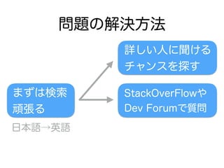 問題の解決方法
詳しい人に聞ける
チャンスを探す
まずは検索
頑張る
StackOverFlowや
Dev Forumで質問
日本語→英語
 