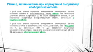 Різниці, які виникають при нарахуванні амортизації
необоротних активів
У разі коли строки корисного використання (експлуатації) об’єкта
основних засобів в бухгалтерському обліку менше ніж мінімально
допустимі строки амортизації ОЗ та інших необоротних активів, то для
розрахунку амортизації використовуються строки, встановлені у
податковому обліку.
У разі коли строки корисного використання (експлуатації) об’єкта
основних засобів в бухгалтерському обліку дорівнюють або є більшими,
ніж ті, що встановлені ПКУ, то для розрахунку амортизації
використовуються строки корисного використання (експлуатації) об’єкта
ОЗ, встановлені в бухгалтерському обліку.
 