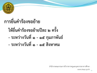 การยื่นคาร้องขอย้าย
ให้ยื่นคาร้องขอย้ายปีละ ๒ ครั้ง
- ระหว่างวันที่ ๑ - ๑๕ กุมภาพันธ์
- ระหว่างวันที่ ๑ - ๑๕ สิงหาคม
11
สำนักงำนคณะกรรมกำรข้ำรำชกำรครูและบุคลำกรทำงกำรศึกษำ
www.otepc.go.th
 
