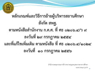 หลักเกณฑ์และวิธีการย้ายผู้บริหารสถานศึกษา
สังกัด สพฐ.
ตามหนังสือสานักงาน ก.ค.ศ. ที่ ศธ ๐๒๐๖.๔/ว ๙
ลงวันที่ ๒๙ กรกฎาคม ๒๕๕๔
และที่แก้ไขเพิ่มเติม ตามหนังสือ ที่ ศธ ๐๒๐๖.๔/๑๐๒๔
ลงวันที่ ๑๐ กรกฎาคม ๒๕๕๖
20
สำนักงำนคณะกรรมกำรข้ำรำชกำรครูและบุคลำกรทำงกำรศึกษำ
www.otepc.go.th
 