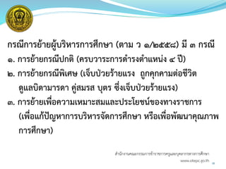 กรณีการย้ายผู้บริหารการศึกษา (ตาม ว ๑/๒๕๕๘) มี ๓ กรณี
๑. การย้ายกรณีปกติ (ครบวาระการดารงตาแหน่ง 4 ปี)
๒. การย้ายกรณีพิเศษ (เจ็บป่วยร้ายแรง ถูกคุกคามต่อชีวิต
ดูแลบิดามารดา คู่สมรส บุตร ซึ่งเจ็บป่วยร้ายแรง)
๓. การย้ายเพื่อความเหมาะสมและประโยชน์ของทางราชการ
(เพื่อแก้ปัญหาการบริหารจัดการศึกษา หรือเพื่อพัฒนาคุณภาพ
การศึกษา)
35
สำนักงำนคณะกรรมกำรข้ำรำชกำรครูและบุคลำกรทำงกำรศึกษำ
www.otepc.go.th
 