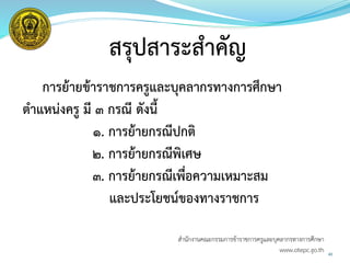40
สรุปสาระสาคัญ
การย้ายข้าราชการครูและบุคลากรทางการศึกษา
ตาแหน่งครู มี 3 กรณี ดังนี้
1. การย้ายกรณีปกติ
2. การย้ายกรณีพิเศษ
3. การย้ายกรณีเพื่อความเหมาะสม
และประโยชน์ของทางราชการ
สำนักงำนคณะกรรมกำรข้ำรำชกำรครูและบุคลำกรทำงกำรศึกษำ
www.otepc.go.th
 