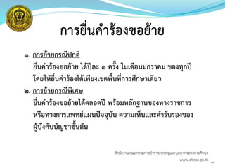 44
การยื่นคาร้องขอย้าย
1. การย้ายกรณีปกติ
ยื่นคาร้องขอย้าย ได้ปีละ 1 ครั้ง ในเดือนมกราคม ของทุกปี
โดยให้ยื่นคาร้องได้เพียงเขตพื้นที่การศึกษาเดียว
2. การย้ายกรณีพิเศษ
ยื่นคาร้องขอย้ายได้ตลอดปี พร้อมหลักฐานของทางราชการ
หรือทางการแพทย์แผนปัจจุบัน ความเห็นและคารับรองของ
ผู้บังคับบัญชาชั้นต้น
สำนักงำนคณะกรรมกำรข้ำรำชกำรครูและบุคลำกรทำงกำรศึกษำ
www.otepc.go.th
 