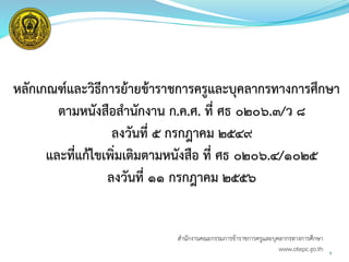 หลักเกณฑ์และวิธีการย้ายข้าราชการครูและบุคลากรทางการศึกษา
ตามหนังสือสานักงาน ก.ค.ศ. ที่ ศธ ๐๒๐๖.๓/ว ๘
ลงวันที่ ๕ กรกฎาคม ๒๕๔๙
และที่แก้ไขเพิ่มเติมตามหนังสือ ที่ ศธ ๐๒๐๖.๔/๑๐๒๕
ลงวันที่ ๑๑ กรกฎาคม ๒๕๕๖
5
สำนักงำนคณะกรรมกำรข้ำรำชกำรครูและบุคลำกรทำงกำรศึกษำ
www.otepc.go.th
 
