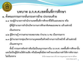 50
บทบาท อ.ก.ค.ศ.เขตพื้นที่การศึกษา
1. ตั้งคณะกรรมการกลั่นกรองการย้าย ประกอบด้วย
1.๑ รองผู้อานวยการสานักงานเขตพื้นที่การศึกษาที่ได้รับมอบหมาย หรือ
ผู้ที่ผู้อานวยการสานักบริหารงานการศึกษาพิเศษมอบหมาย แล้วแต่กรณี
เป็นประธาน
1.๒ ผู้มีความรู้ ความสามารถเหมาะสม จานวน ๖ คน เป็นกรรมการ
1.๓ ผู้อานวยการกลุ่มบริหารงานบุคคลหรือหัวหน้างานการเจ้าหน้าที่ แล้วแต่กรณี
เป็นเลขานุการ
ทั้งนี้ กรรมการดังกล่าวต้องไม่เป็นอนุกรรมการใน อ.ก.ค.ศ. เขตพื้นที่การศึกษานั้น
และไม่เป็นผู้มีส่วนได้ส่วนเสีย หรือมีเหตุซึ่งมีสภาพร้ายแรงอันอาจทาให้การพิจารณา
ไม่เป็นกลาง สำนักงำนคณะกรรมกำรข้ำรำชกำรครูและบุคลำกรทำงกำรศึกษำ
www.otepc.go.th
 
