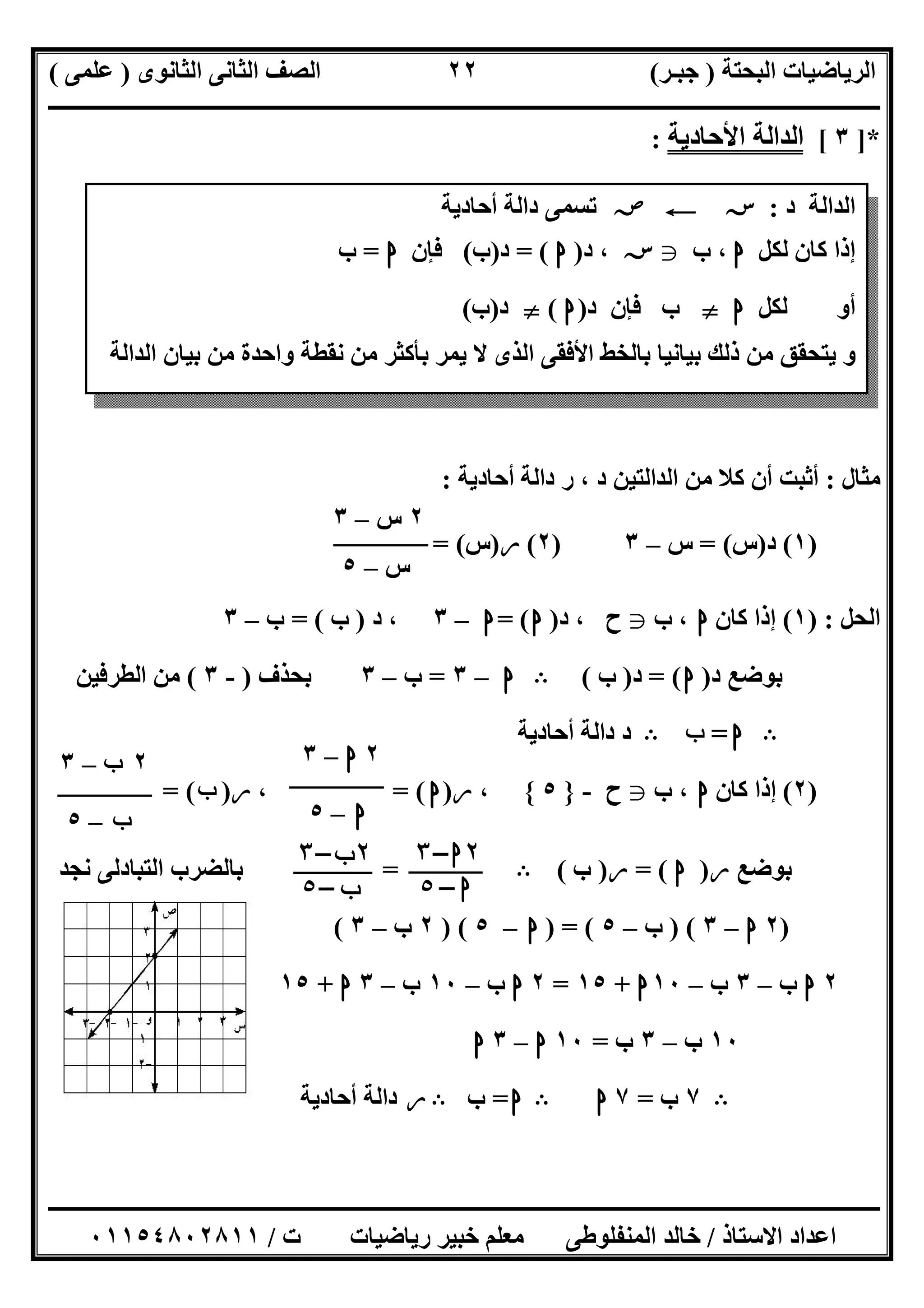 ‫اﻟﺒﺤﺘﺔ‬ ‫اﻟﺮﯾﺎﺿﯿﺎت‬)‫ﺟﺒـﺮ‬(‫اﻟﺜﺎﻧﻮى‬ ‫اﻟﺜﺎﻧﻰ‬ ‫اﻟﺼﻒ‬)‫ﻋﻠﻤﻰ‬(
‫ــــــــــــــــــــــ‬‫ــــــــــــــــــــــــــــــــــــــــــــــــــــــــــــــــــــــــــــــــــــــــــــــــــــــــــــــــــــــــــــــــ‬
‫ــــــــــــــــــــــــــــــــــــــــــــــــــــــــــــــــــــــــــــــــــــــــــــــــــــــــــــــــــــــــــــــ‬‫ــــــــــــــــــــــــ‬
‫اﻻﺳﺘﺎذ‬ ‫اﻋﺪاد‬/‫ت‬ ‫رﯾﺎﺿﯿﺎت‬ ‫ﺧﺒﯿﺮ‬ ‫ﻣﻌﻠﻢ‬ ‫اﻟﻤﻨﻔﻠﻮطﻰ‬ ‫ﺧﺎﻟﺪ‬/٠١١٥٤٨٠٢٨١١
٢٢
]*٣[‫اﻷﺣﺎدﯾﺔ‬ ‫اﻟﺪاﻟﺔ‬:
‫ﻣﺜﺎل‬:‫أﺣﺎدﯾﺔ‬ ‫داﻟﺔ‬ ‫ر‬ ، ‫د‬ ‫اﻟﺪاﻟﺘﯿﻦ‬ ‫ﻣﻦ‬ ‫ﻛﻼ‬ ‫أن‬ ‫أﺛﺒﺖ‬:
)١(‫د‬)‫س‬= (‫س‬–٣)٢(‫ر‬)‫س‬= (
‫اﻟﺤﻞ‬) :١(‫ﻛﺎن‬ ‫إذا‬‫ﺍ‬‫ب‬ ،g‫د‬ ، ‫ح‬)‫ﺍ‬= (‫ﺍ‬–٣‫د‬ ،)‫ب‬= (‫ب‬–٣
‫د‬ ‫ﺑﻮﺿﻊ‬)‫ﺍ‬= (‫د‬)‫ب‬(B‫ﺍ‬–٣=‫ب‬–٣‫ﺑﺤﺬف‬)-٣(‫اﻟﻄﺮﻓﯿﻦ‬ ‫ﻣﻦ‬
B‫ﺍ‬=‫ﺏ‬B‫أﺣﺎدﯾﺔ‬ ‫داﻟﺔ‬ ‫د‬
)٢(‫ﻛﺎن‬ ‫إذا‬‫ﺍ‬‫ب‬ ،g‫ح‬-}٥{،‫ر‬)‫ﺍ‬= (،‫ر‬)‫ﺏ‬= (
‫ﺑﻮﺿﻊ‬‫ر‬)‫ﺍ‬= (‫ر‬)‫ب‬(B=‫ﻧﺠﺪ‬ ‫اﻟﺘﺒﺎدﻟﻰ‬ ‫ﺑﺎﻟﻀﺮب‬
)٢‫ﺍ‬–٣) (‫ب‬–٥) = (‫ﺍ‬–٥()٢‫ب‬–٣(
٢‫ﺍ‬‫ب‬–٣‫ب‬–١٠‫ﺍ‬+١٥=٢‫ﺍ‬‫ب‬–١٠‫ب‬–٣‫ﺍ‬+١٥
١٠‫ب‬–٣‫ب‬=١٠‫ﺍ‬–٣‫ﺍ‬
B٧‫ب‬=٧‫ﺍ‬B‫ﺍ‬=‫ب‬B‫ر‬‫أﺣﺎدﯾﺔ‬ ‫داﻟﺔ‬
‫د‬ ‫اﻟﺪاﻟﺔ‬:‫ﺳﺲ‬C‫ﺻﺺ‬‫أﺣﺎدﯾﺔ‬ ‫داﻟﺔ‬ ‫ﺗﺴﻤﻰ‬
‫ﻟﻜﻞ‬ ‫ﻛﺎن‬ ‫إذا‬‫ﺍ‬‫ب‬ ،g‫ﺳﺲ‬‫د‬ ،)‫ﺍ‬= (‫د‬)‫ب‬(‫ﻓﺈن‬‫ﺍ‬=‫ب‬
‫ﻟﻜﻞ‬ ‫أو‬‫ﺍ‬}‫د‬ ‫ﻓﺈن‬ ‫ب‬)‫ﺍ‬(}‫د‬)‫ب‬(
‫اﻟﺪاﻟﺔ‬ ‫ﺑﯿﺎن‬ ‫ﻣﻦ‬ ‫واﺣﺪة‬ ‫ﻧﻘﻄﺔ‬ ‫ﻣﻦ‬ ‫ﺑﺄﻛﺜﺮ‬ ‫ﯾﻤﺮ‬ ‫ﻻ‬ ‫اﻟﺬى‬ ‫اﻷﻓﻘﻰ‬ ‫ﺑﺎﻟﺨﻂ‬ ‫ﺑﯿﺎﻧﯿﺎ‬ ‫ذﻟﻚ‬ ‫ﻣﻦ‬ ‫ﯾﺘﺤﻘﻖ‬ ‫و‬
٢‫س‬–٣
‫س‬–٥
٢‫ﺍ‬–٣
‫ﺍ‬–٥
٢‫ﺏ‬–٣
‫ﺏ‬–٥
٢‫ا‬–٣
‫ا‬–٥
٢‫ب‬–٣
‫ب‬–٥
 
