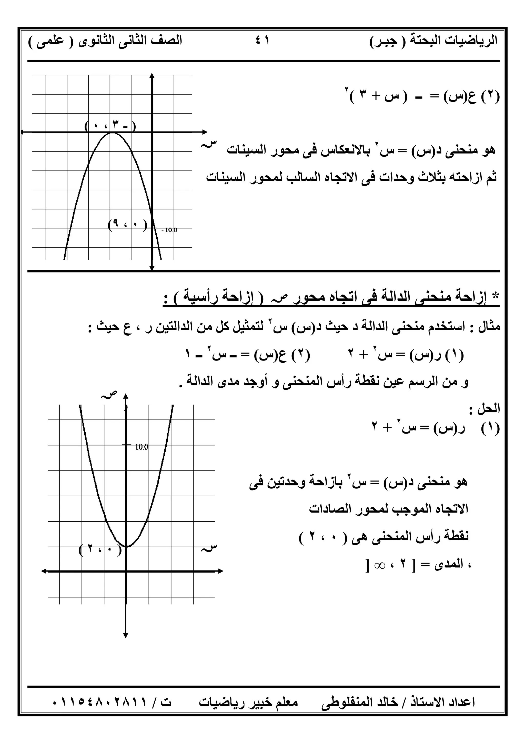‫اﻟﺒﺤﺘﺔ‬ ‫اﻟﺮﯾﺎﺿﯿﺎت‬)‫ﺟﺒـﺮ‬(‫اﻟﺜﺎﻧﻮى‬ ‫اﻟﺜﺎﻧﻰ‬ ‫اﻟﺼﻒ‬)‫ﻋﻠﻤﻰ‬(
‫ــــــــــــــــــــــ‬‫ــــــــــــــــــــــــــــــــــــــــــــــــــــــــــــــــــــــــــــــــــــــــــــــــــــــــــــــــــــــــــــــــ‬
‫ــــــــــــــــــــــــــــــــــــــــــــــــــــــــــــــــــــــــــــــــــــــــــــــــــــــــــــــــــــــــــــــ‬‫ــــــــــــــــــــــــ‬
‫اﻻﺳﺘﺎذ‬ ‫اﻋﺪاد‬/‫ت‬ ‫رﯾﺎﺿﯿﺎت‬ ‫ﺧﺒﯿﺮ‬ ‫ﻣﻌﻠﻢ‬ ‫اﻟﻤﻨﻔﻠﻮطﻰ‬ ‫ﺧﺎﻟﺪ‬/٠١١٥٤٨٠٢٨١١
٤١
)٢(‫ع‬)‫س‬= (‫ــ‬)‫س‬+٣(٢
‫د‬ ‫ﻣﻨﺤﻨﻰ‬ ‫ھﻮ‬)‫س‬= (‫س‬٢
‫اﻟﺴﯿﻨﺎت‬ ‫ﻣﺤﻮر‬ ‫ﻓﻰ‬ ‫ﺑﺎﻻﻧﻌﻜﺎس‬
‫اﻟﺴﯿﻨﺎت‬ ‫ﻟﻤﺤﻮر‬ ‫اﻟﺴﺎﻟﺐ‬ ‫اﻻﺗﺠﺎه‬ ‫ﻓﻰ‬ ‫وﺣﺪات‬ ‫ﺑﺜﻼث‬ ‫ازاﺣﺘﮫ‬ ‫ﺛﻢ‬
‫ـــــــــــــــــــــــــــــــــــــــــــــــــــــــــــــــــــــــــــــــــــــــــــــــــــــــــــــــــــــــــــــ‬‫ـــــــــــــــــــــــــ‬
*‫ﻣﺤﻮر‬ ‫اﺗﺠﺎه‬ ‫ﻓﻰ‬ ‫اﻟﺪاﻟﺔ‬ ‫ﻣﻨﺤﻨﻰ‬ ‫إزاﺣﺔ‬‫ﺻﺺ‬)‫رأﺳﯿﺔ‬ ‫إزاﺣﺔ‬: (
‫ﻣﺜﺎل‬:‫د‬ ‫ﺣﯿﺚ‬ ‫د‬ ‫اﻟﺪاﻟﺔ‬ ‫ﻣﻨﺤﻨﻰ‬ ‫اﺳﺘﺨﺪم‬)‫س‬(‫س‬٢
‫ﺣﯿﺚ‬ ‫ع‬ ، ‫ر‬ ‫اﻟﺪاﻟﺘﯿﻦ‬ ‫ﻣﻦ‬ ‫ﻛﻞ‬ ‫ﻟﺘﻤﺜﯿﻞ‬:
)١(‫ر‬)‫س‬= (‫س‬٢
+٢)٢(‫ع‬)‫س‬= (‫س‬ ‫ــ‬٢
‫ــ‬١
‫اﻟﻤﻨﺤﻨﻰ‬ ‫رأس‬ ‫ﻧﻘﻄﺔ‬ ‫ﻋﯿﻦ‬ ‫اﻟﺮﺳﻢ‬ ‫ﻣﻦ‬ ‫و‬‫اﻟﺪاﻟﺔ‬ ‫ﻣﺪى‬ ‫أوﺟﺪ‬ ‫و‬.
‫اﻟﺤﻞ‬:
)١(‫ر‬)‫س‬= (‫س‬٢
+٢
‫د‬ ‫ﻣﻨﺤﻨﻰ‬ ‫ھﻮ‬)‫س‬= (‫س‬٢
‫ﻓﻰ‬ ‫وﺣﺪﺗﯿﻦ‬ ‫ﺑﺎزاﺣﺔ‬
‫اﻟﺼﺎدات‬ ‫ﻟﻤﺤﻮر‬ ‫اﻟﻤﻮﺟﺐ‬ ‫اﻻﺗﺠﺎه‬
‫ھﻰ‬ ‫اﻟﻤﻨﺤﻨﻰ‬ ‫رأس‬ ‫ﻧﻘﻄﺔ‬)٠،٢(
‫اﻟﻤﺪى‬ ،] =٢،∞]
‫ﺳﺺ‬
‫ﺳﺲ‬
)-٣،٠(
)٠،٩(
)٠،٢(
‫ﺻﺺ‬
‫ﺻﺲ‬
 