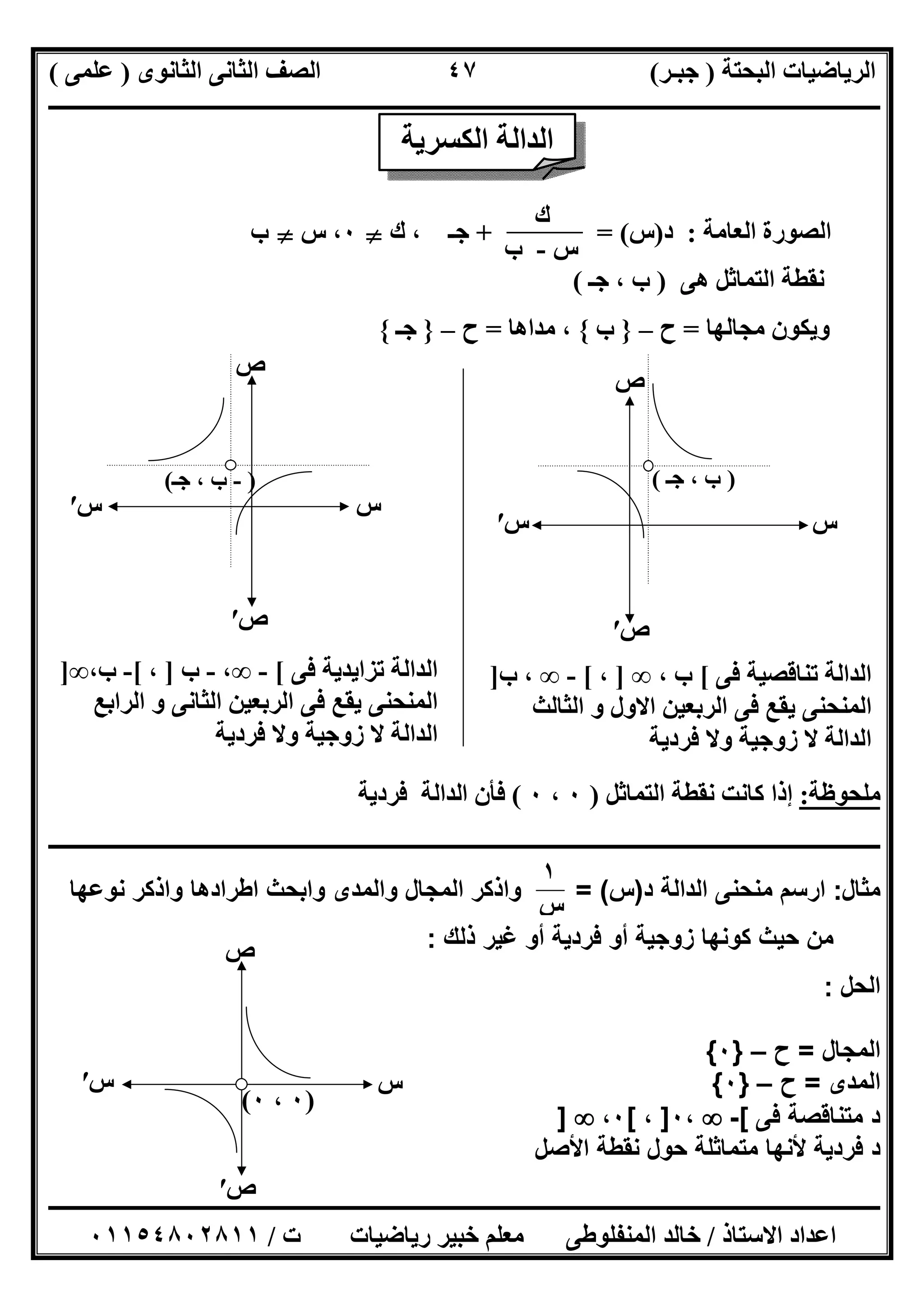‫اﻟﺒﺤﺘﺔ‬ ‫اﻟﺮﯾﺎﺿﯿﺎت‬)‫ﺟﺒـﺮ‬(‫اﻟﺜﺎﻧﻮى‬ ‫اﻟﺜﺎﻧﻰ‬ ‫اﻟﺼﻒ‬)‫ﻋﻠﻤﻰ‬(
‫ــــــــــــــــــــــ‬‫ــــــــــــــــــــــــــــــــــــــــــــــــــــــــــــــــــــــــــــــــــــــــــــــــــــــــــــــــــــــــــــــــ‬
‫ــــــــــــــــــــــــــــــــــــــــــــــــــــــــــــــــــــــــــــــــــــــــــــــــــــــــــــــــــــــــــــــ‬‫ــــــــــــــــــــــــ‬
‫اﻻﺳﺘﺎذ‬ ‫اﻋﺪاد‬/‫ت‬ ‫رﯾﺎﺿﯿﺎت‬ ‫ﺧﺒﯿﺮ‬ ‫ﻣﻌﻠﻢ‬ ‫اﻟﻤﻨﻔﻠﻮطﻰ‬ ‫ﺧﺎﻟﺪ‬/٠١١٥٤٨٠٢٨١١
٤٧
‫اﻟﻌﺎﻣﺔ‬ ‫اﻟﺼﻮرة‬:‫د‬)‫س‬+ = (‫ك‬ ، ‫ﺟـ‬}٠‫س‬ ،}‫ب‬
‫ھﻰ‬ ‫اﻟﺘﻤﺎﺛﻞ‬ ‫ﻧﻘﻄﺔ‬)‫ﺟـ‬ ، ‫ب‬(
‫ﻣﺠﺎﻟﮭﺎ‬ ‫وﯾﻜﻮن‬=‫ح‬–}‫ب‬{‫ﻣﺪاھﺎ‬ ،=‫ح‬–}‫ﺟـ‬{
‫ﻣﻠﺤﻮظﺔ‬:‫اﻟﺘﻤﺎﺛﻞ‬ ‫ﻧﻘﻄﺔ‬ ‫ﻛﺎﻧﺖ‬ ‫إذا‬)٠،٠(‫ﻓﺮدﯾﺔ‬ ‫اﻟﺪاﻟﺔ‬ ‫ﻓﺄن‬
‫ــــــــــــــــــــــــــــــــــــــــــــــــــــــــــــــــــــــــــــــــــــــــــــــــــــــــــــــــــــــــــــــــــــــــــــــــــــــ‬
‫ﻣﺛﺎل‬:‫د‬ ‫اﻟداﻟﺔ‬ ‫ﻣﻧﺣﻧﻰ‬ ‫ارﺳم‬)‫س‬= (‫ﻧوﻋﮭﺎ‬ ‫واذﻛر‬ ‫اطرادھﺎ‬ ‫واﺑﺣث‬ ‫واﻟﻣدى‬ ‫اﻟﻣﺟﺎل‬ ‫واذﻛر‬
‫ذﻟك‬ ‫ﻏﯾر‬ ‫أو‬ ‫ﻓردﯾﺔ‬ ‫أو‬ ‫زوﺟﯾﺔ‬ ‫ﻛوﻧﮭﺎ‬ ‫ﺣﯾث‬ ‫ﻣن‬:
‫اﻟﺣل‬:
‫اﻟﻣﺟﺎل‬=‫ح‬–}٠{
‫اﻟﻣدى‬=‫ح‬–}٠{
‫ﻓﻰ‬ ‫ﻣﺗﻧﺎﻗﺻﺔ‬ ‫د‬[-،٠]،[٠،]
‫اﻷﺻل‬ ‫ﻧﻘطﺔ‬ ‫ﺣول‬ ‫ﻣﺗﻣﺎﺛﻠﺔ‬ ‫ﻷﻧﮭﺎ‬ ‫ﻓردﯾﺔ‬ ‫د‬
‫ك‬
‫س‬-‫ب‬
)-‫ﺟـ‬ ، ‫ب‬(
‫س‬
‫ص‬
‫س‬′
‫ص‬′
‫س‬‫س‬′
‫ص‬
‫ص‬′
)، ‫ب‬‫ﺟـ‬(
‫ﻓﻰ‬ ‫ﺗﻨﺎﻗﺼﯿﺔ‬ ‫اﻟﺪاﻟﺔ‬[، ‫ب‬∞]،[-∞‫ب‬ ،]
‫اﻟﺜﺎﻟﺚ‬ ‫و‬ ‫اﻻول‬ ‫اﻟﺮﺑﻌﯿﻦ‬ ‫ﻓﻰ‬ ‫ﯾﻘﻊ‬ ‫اﻟﻤﻨﺤﻨﻰ‬
‫ﻓﺮدﯾﺔ‬ ‫وﻻ‬ ‫زوﺟﯿﺔ‬ ‫ﻻ‬ ‫اﻟﺪاﻟﺔ‬
‫ﻓﻰ‬ ‫ﺗﺰاﯾﺪﯾﺔ‬ ‫اﻟﺪاﻟﺔ‬[-∞،-‫ب‬]،[-،‫ب‬∞]
‫اﻟ‬‫اﻟﺮاﺑﻊ‬ ‫و‬ ‫اﻟﺜﺎﻧﻰ‬ ‫اﻟﺮﺑﻌﯿﻦ‬ ‫ﻓﻰ‬ ‫ﯾﻘﻊ‬ ‫ﻤﻨﺤﻨﻰ‬
‫ﻓﺮدﯾﺔ‬ ‫وﻻ‬ ‫زوﺟﯿﺔ‬ ‫ﻻ‬ ‫اﻟﺪاﻟﺔ‬
‫اﻟﺪاﻟﺔ‬‫اﻟﻜ‬‫ﺴﺮﯾﺔ‬
)٠،٠(
‫س‬
‫ص‬
‫س‬′
‫ص‬′
١
‫س‬
 