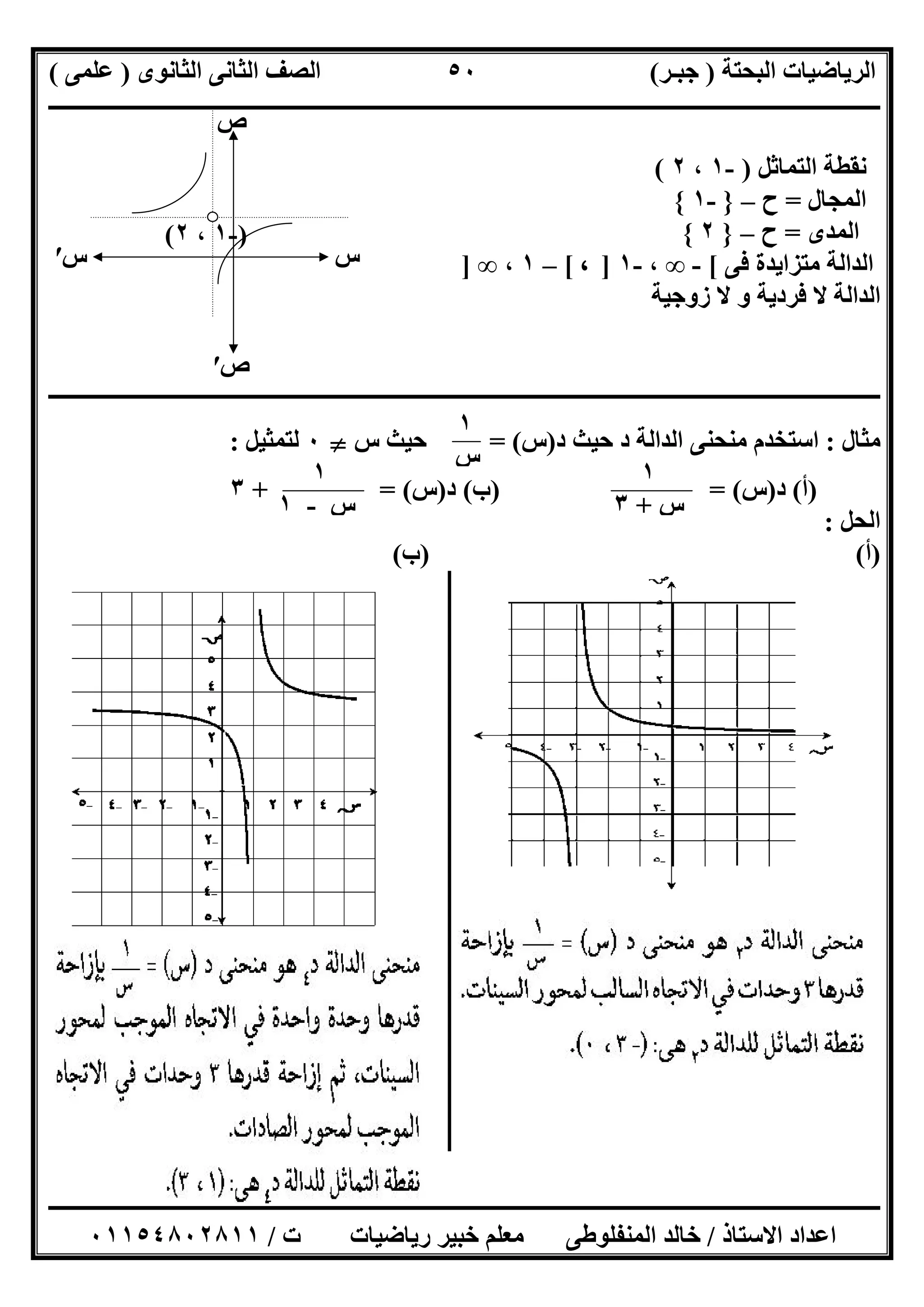 ‫اﻟﺒﺤﺘﺔ‬ ‫اﻟﺮﯾﺎﺿﯿﺎت‬)‫ﺟﺒـﺮ‬(‫اﻟﺜﺎﻧﻮى‬ ‫اﻟﺜﺎﻧﻰ‬ ‫اﻟﺼﻒ‬)‫ﻋﻠﻤﻰ‬(
‫ــــــــــــــــــــــ‬‫ــــــــــــــــــــــــــــــــــــــــــــــــــــــــــــــــــــــــــــــــــــــــــــــــــــــــــــــــــــــــــــــــ‬
‫ــــــــــــــــــــــــــــــــــــــــــــــــــــــــــــــــــــــــــــــــــــــــــــــــــــــــــــــــــــــــــــــ‬‫ــــــــــــــــــــــــ‬
‫اﻻﺳﺘﺎذ‬ ‫اﻋﺪاد‬/‫ت‬ ‫رﯾﺎﺿﯿﺎت‬ ‫ﺧﺒﯿﺮ‬ ‫ﻣﻌﻠﻢ‬ ‫اﻟﻤﻨﻔﻠﻮطﻰ‬ ‫ﺧﺎﻟﺪ‬/٠١١٥٤٨٠٢٨١١
٥٠
‫اﻟﺘﻤﺎﺛﻞ‬ ‫ﻧﻘﻄﺔ‬)-١،٢(
‫اﻟﻤﺠﺎل‬=‫ح‬–}-١{
‫اﻟﻤﺪى‬=‫ح‬–}٢{
‫ﻣﺘﺰ‬ ‫اﻟﺪاﻟﺔ‬‫ﻓﻰ‬ ‫اﯾﺪة‬[-∞،-١]،[–١،∞]
‫زوﺟﯿﺔ‬ ‫ﻻ‬ ‫و‬ ‫ﻓﺮدﯾﺔ‬ ‫ﻻ‬ ‫اﻟﺪاﻟﺔ‬
‫ــــــــــــــــــــــــــــــــــــــــــــــــــــــــــــــــــــــــــــــــــــــــــــــــــــــــــــــــــــــــــــــــــــــــــــــــــــــ‬
‫ﻣﺜﺎل‬:‫د‬ ‫ﺣﯿﺚ‬ ‫د‬ ‫اﻟﺪاﻟﺔ‬ ‫ﻣﻨﺤﻨﻰ‬ ‫اﺳﺘﺨﺪم‬)‫س‬= (‫س‬ ‫ﺣﯿﺚ‬}٠‫ﻟﺘﻤﺜﯿﻞ‬:
)‫أ‬(‫د‬)‫س‬) = (‫ب‬(‫د‬)‫س‬+ = (٣
‫اﻟﺤﻞ‬:
)‫أ‬) (‫ب‬(
)-١،٢(
‫س‬
‫ص‬
‫س‬′
‫ص‬′
١
‫س‬-١
١
‫س‬
١
‫س‬+٣
 