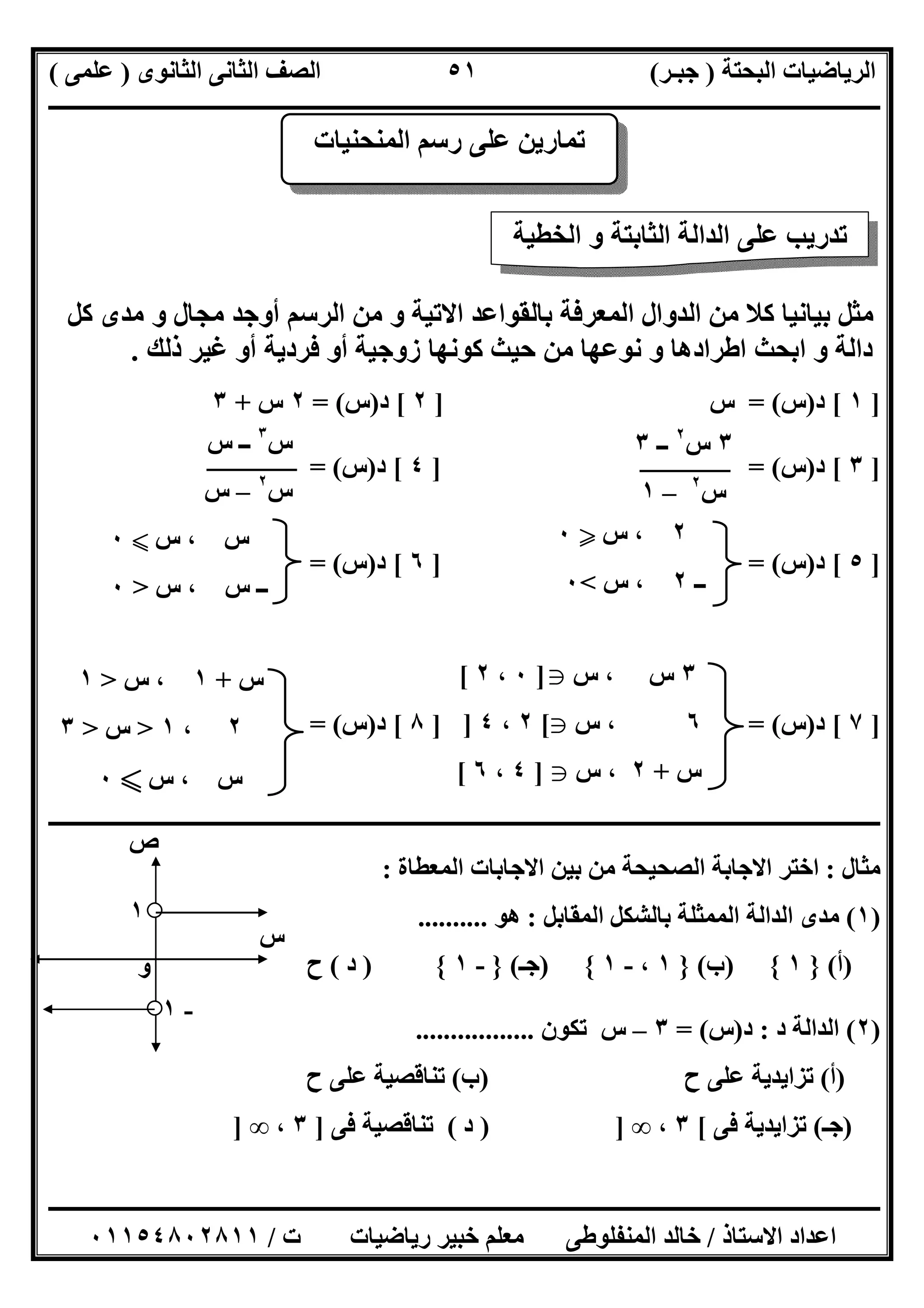 ‫اﻟﺒﺤﺘﺔ‬ ‫اﻟﺮﯾﺎﺿﯿﺎت‬)‫ﺟﺒـﺮ‬(‫اﻟﺜﺎﻧﻮى‬ ‫اﻟﺜﺎﻧﻰ‬ ‫اﻟﺼﻒ‬)‫ﻋﻠﻤﻰ‬(
‫ــــــــــــــــــــــ‬‫ــــــــــــــــــــــــــــــــــــــــــــــــــــــــــــــــــــــــــــــــــــــــــــــــــــــــــــــــــــــــــــــــ‬
‫ــــــــــــــــــــــــــــــــــــــــــــــــــــــــــــــــــــــــــــــــــــــــــــــــــــــــــــــــــــــــــــــ‬‫ــــــــــــــــــــــــ‬
‫اﻻﺳﺘﺎذ‬ ‫اﻋﺪاد‬/‫ت‬ ‫رﯾﺎﺿﯿﺎت‬ ‫ﺧﺒﯿﺮ‬ ‫ﻣﻌﻠﻢ‬ ‫اﻟﻤﻨﻔﻠﻮطﻰ‬ ‫ﺧﺎﻟﺪ‬/٠١١٥٤٨٠٢٨١١
٥١
‫ﺑﺎﻟﻘﻮ‬ ‫اﻟﻤﻌﺮﻓﺔ‬ ‫اﻟﺪوال‬ ‫ﻣﻦ‬ ‫ﻛﻼ‬ ‫ﺑﯿﺎﻧﯿﺎ‬ ‫ﻣﺜﻞ‬‫ﻛﻞ‬ ‫ﻣﺪى‬ ‫و‬ ‫ﻣﺠﺎل‬ ‫أوﺟﺪ‬ ‫اﻟﺮﺳﻢ‬ ‫ﻣﻦ‬ ‫و‬ ‫اﻻﺗﯿﺔ‬ ‫اﻋﺪ‬
‫ذﻟﻚ‬ ‫ﻏﯿﺮ‬ ‫أو‬ ‫ﻓﺮدﯾﺔ‬ ‫أو‬ ‫زوﺟﯿﺔ‬ ‫ﻛﻮﻧﮭﺎ‬ ‫ﺣﯿﺚ‬ ‫ﻣﻦ‬ ‫ﻧﻮﻋﮭﺎ‬ ‫و‬ ‫اطﺮادھﺎ‬ ‫اﺑﺤﺚ‬ ‫و‬ ‫داﻟﺔ‬.
]١[‫د‬)‫س‬= (‫س‬]٢[‫د‬)‫س‬= (٢‫س‬+٣
]٣[‫د‬)‫س‬] = (٤[‫د‬)‫س‬= (
]٥[‫د‬)‫س‬] = (٦[‫د‬)‫س‬= (
]٧[‫د‬)‫س‬] = (٨[‫د‬)‫س‬= (
‫ـــــــــــــــــــــــــــــــــــــــــــــــــــــــــــــــــــــــــــــــــــــــ‬‫ـــــــــــــــــــــــــــــــــــــــــــــــــــــــــــــــ‬
‫ﻣﺜﺎل‬:‫اﻟﻤﻌﻄﺎة‬ ‫اﻻﺟﺎﺑﺎت‬ ‫ﺑﯿﻦ‬ ‫ﻣﻦ‬ ‫اﻟﺼﺤﯿﺤﺔ‬ ‫اﻻﺟﺎﺑﺔ‬ ‫اﺧﺘﺮ‬:
)١(‫اﻟﻤﻘﺎﺑﻞ‬ ‫ﺑﺎﻟﺸﻜﻞ‬ ‫اﻟﻤﻤﺜﻠﺔ‬ ‫اﻟﺪاﻟﺔ‬ ‫ﻣﺪى‬:‫ھﻮ‬..........
)‫أ‬(}١{)‫ب‬(}١،-١{)‫ﺟـ‬(}-١{)‫د‬(‫ح‬
)٢(‫د‬ ‫اﻟﺪاﻟﺔ‬:‫د‬)‫س‬= (٣–‫ﺗﻜﻮن‬ ‫س‬.................
)‫أ‬(‫ح‬ ‫ﻋﻠﻰ‬ ‫ﺗﺰاﯾﺪﯾﺔ‬)‫ب‬(‫ح‬ ‫ﻋﻠﻰ‬ ‫ﺗﻨﺎﻗﺼﯿﺔ‬
)‫ﺟـ‬(‫ﻓﻰ‬ ‫ﺗﺰاﯾﺪﯾﺔ‬[٣،∞) ]‫د‬(‫ﻓﻰ‬ ‫ﺗﻨﺎﻗﺼﯿﺔ‬]٣،∞]
‫اﻟﻤﻨﺤﻨﯿﺎت‬ ‫رﺳﻢ‬ ‫ﻋﻠﻰ‬ ‫ﺗﻤﺎرﯾﻦ‬
‫اﻟﺨﻄﯿﺔ‬ ‫و‬ ‫اﻟﺜﺎﺑﺘﺔ‬ ‫اﻟﺪاﻟﺔ‬ ‫ﻋﻠﻰ‬ ‫ﺗﺪرﯾﺐ‬
٣‫س‬٢
‫ــ‬٣
‫س‬٢
–١
‫س‬٣
‫س‬ ‫ــ‬
‫س‬٢
–‫س‬
٢‫س‬ ،Y٠
‫ــ‬٢‫س‬ ،<٠
‫س‬ ، ‫س‬X٠
‫س‬ ، ‫س‬ ‫ــ‬>٠
٣‫س‬ ، ‫س‬g]٠،٢[
٦‫س‬ ،g[٢،٤]
‫س‬+٢‫س‬ ،g]٤،٦[
‫س‬+١‫س‬ ،>١
٢،١>‫س‬>٣
‫س‬ ، ‫س‬X٠
‫و‬
١
-١
‫س‬
‫ص‬
 