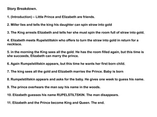 Story Breakdown.
1. (Introduction) – Little Prince and Elizabeth are friends.
2. Miller lies and tells the king his daughter can spin straw into gold
3. The King arrests Elizabeth and tells her she must spin the room full of straw into gold.
4. Elizabeth meets Rupelstiltskin who offers to turn the straw into gold in return for a
necklace.
5. in the morning the King sees all the gold. He has the room filled again, but this time is
she succeeds, Elizabeth can marry the prince.
6. Again Rumpelstiltskin appears, but this time he wants her first born child.
7. The king sees all the gold and Elizabeth marries the Prince. Baby is born
8. Rumpelstiltskin appears and asks for the baby. He gives one week to guess his name.
9. The prince overhears the man say his name in the woods.
10. Elizabeth guesses his name RUPELSTILTSKIN. The man disappears.
11. Elizabeth and the Prince become King and Queen. The end.
 
