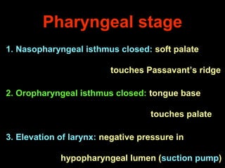 Pharyngeal stage
1. Nasopharyngeal isthmus closed: soft palate
touches Passavant’s ridge
2. Oropharyngeal isthmus closed: ...