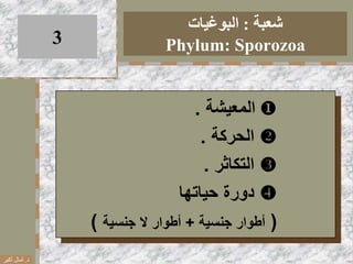 ‫شعبة‬:‫البوغيات‬
Phylum: Sporozoa3
‫المعيشة‬.
‫الحركة‬.
‫التكاثر‬.
‫دورة‬‫حياتها‬
(‫أطوار‬‫جنسية‬+‫أطوار‬‫ال‬‫جنسية‬)
‫د‬.‫أكبر‬ ‫آمال‬
 