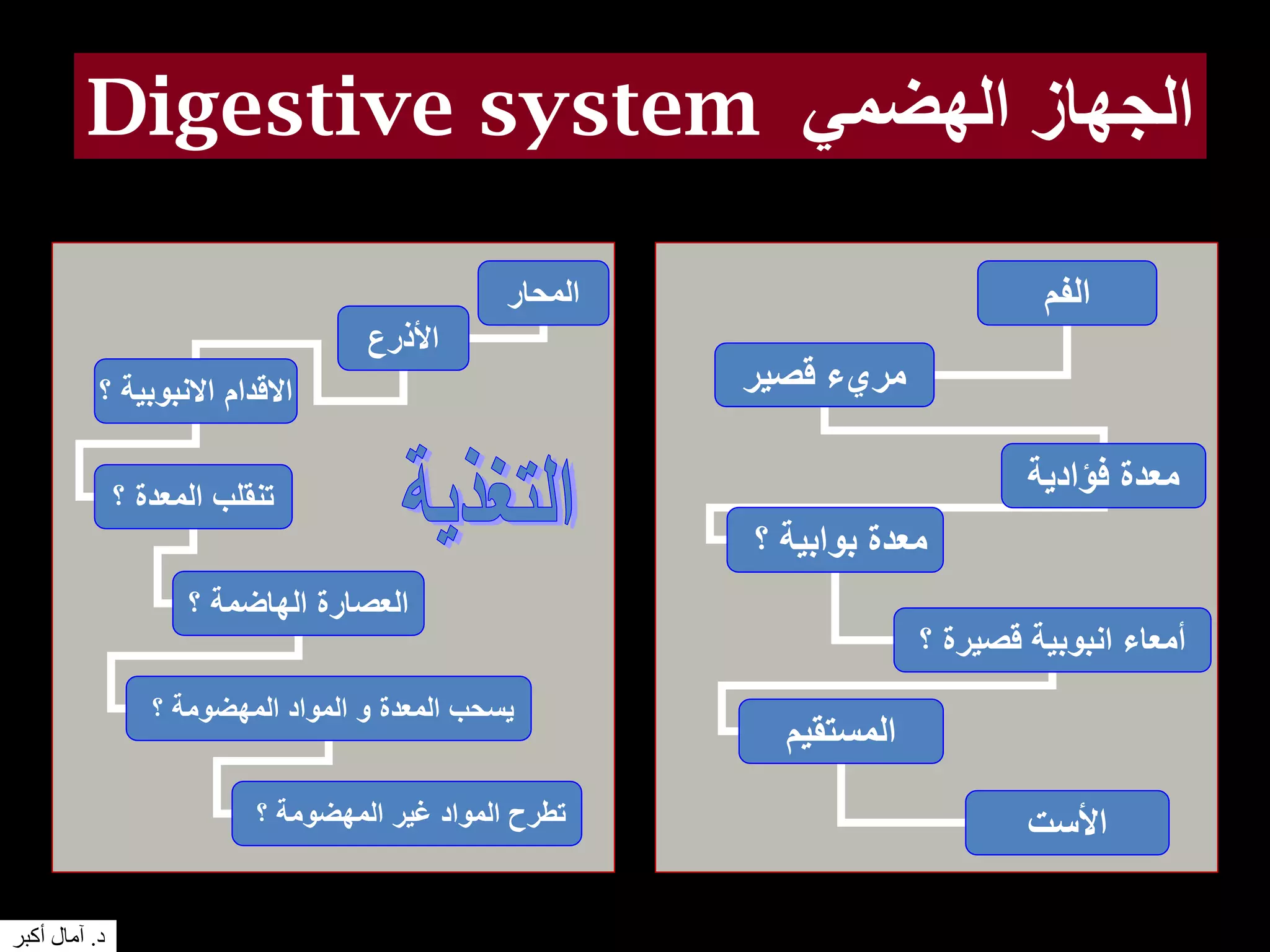 Digestive system ‫الهضمي‬ ‫الجهاز‬
‫الفم‬
‫قصير‬ ‫مريء‬
‫فؤادية‬ ‫معدة‬
‫؟‬ ‫بوابية‬ ‫معدة‬
‫؟‬ ‫قصيرة‬ ‫انبوبية‬ ‫أمعاء‬
‫المستقيم‬
‫األست‬
‫المحار‬
‫األذرع‬
‫؟‬ ‫االنبوبية‬ ‫االقدام‬
‫؟‬ ‫المعدة‬ ‫تنقلب‬
‫؟‬ ‫الهاضمة‬ ‫العصارة‬
‫؟‬ ‫المهضومة‬ ‫المواد‬ ‫و‬ ‫المعدة‬ ‫يسحب‬
‫؟‬ ‫المهضومة‬ ‫غير‬ ‫المواد‬ ‫تطرح‬
‫د‬.‫أكبر‬ ‫آمال‬
 