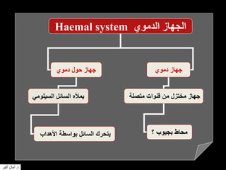 Haemal system ‫الدموي‬ ‫الجهاز‬
‫دموي‬ ‫جهاز‬
‫متصلة‬ ‫قنوات‬ ‫من‬ ‫مختزل‬ ‫جهاز‬
‫دموي‬ ‫حول‬ ‫جهاز‬
‫؟‬ ‫بجيوب‬ ‫محاط‬
‫السيلومي‬ ‫السائل‬ ‫يمأله‬
‫األهداب‬ ‫بواسطة‬ ‫السائل‬ ‫يتحرك‬
‫د‬.‫أكبر‬ ‫آمال‬
 