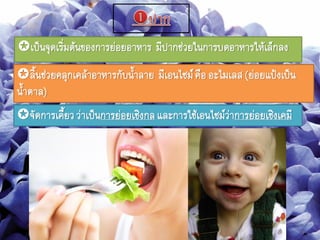 เป็นจุดเริ่มต้นของการย่อยอาหาร มีปากช่วยในการบดอาหารให้เล็กลง
ลินช่วยคลุกเคล้าอาหารกับนาลาย มีเอนไซม์คือ อะไมเลส(ย่อยแป้งเป็น
นาตาล)
จัดการเคียวว่าเป็นการย่อยเชิงกลและการใช้เอนไซม์ว่าการย่อยเชิงเคมี
 