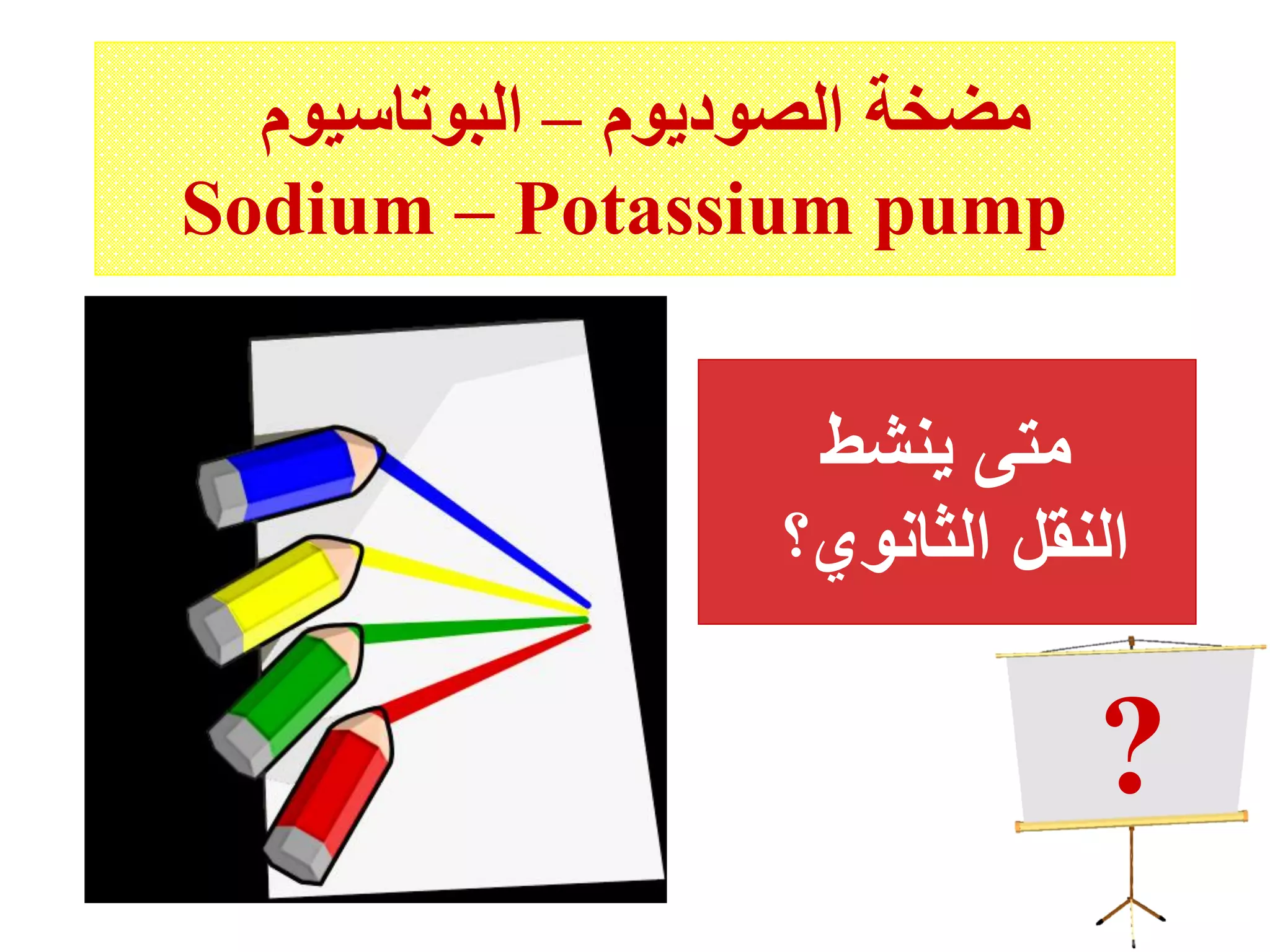 ‫الصوديوم‬ ‫مضخة‬–‫البوتاسيوم‬
Sodium – Potassium pump
‫ينشط‬ ‫متى‬
‫الثانوي؟‬ ‫النقل‬
?
 