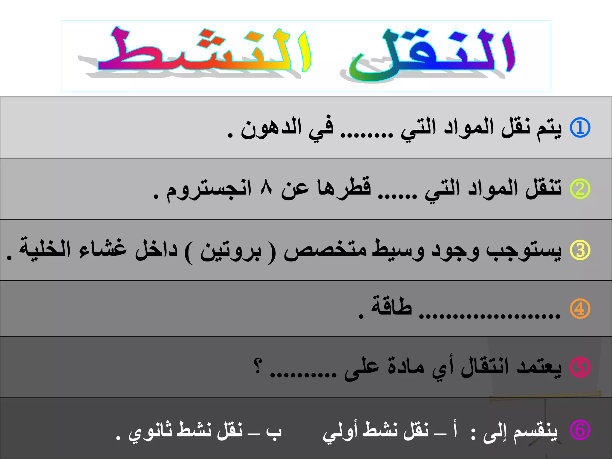 ‫التي‬ ‫المواد‬ ‫نقل‬ ‫يتم‬........‫الدهون‬ ‫في‬.
‫التي‬ ‫المواد‬ ‫تنقل‬......‫عن‬ ‫قطرها‬8‫انجستروم‬.
‫متخصص‬ ‫وسيط‬ ‫وجود‬ ‫يستوجب‬(‫بروتين‬)‫الخلية‬ ‫غشاء‬ ‫داخل‬.
.....................‫طاقة‬.
‫على‬ ‫مادة‬ ‫أي‬ ‫انتقال‬ ‫يعتمد‬..........‫؟‬
‫إلى‬ ‫ينقسم‬:‫أ‬–‫ب‬ ‫أولي‬ ‫نشط‬ ‫نقل‬–‫ثانوي‬ ‫نشط‬ ‫نقل‬.
 