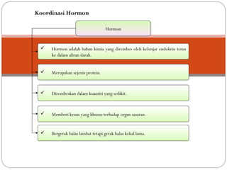 Hormon
 Merupakan sejenis protein.
 Dirembeskan dalam kuantiti yang sedikit.
 Memberi kesan yang khusus terhadap organ sasaran.
 Bergerak balas lambat tetapi gerak balas kekal lama.
 Hormon adalah bahan kimia yang dirembes oleh kelenjar endokrin terus
ke dalam aliran darah.
Koordinasi Hormon
 