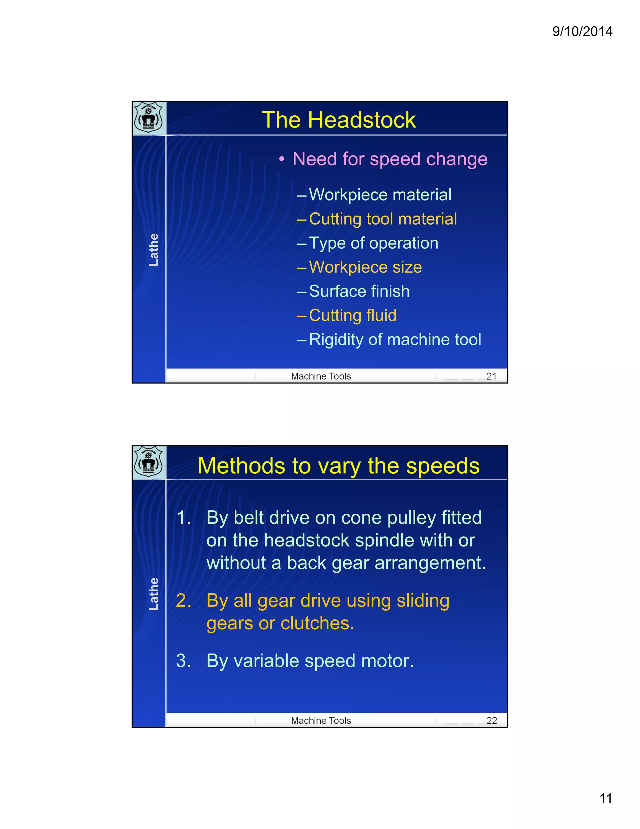 9/10/2014
11
Machine Tools 21
The Headstock
• Need for speed change
–Workpiece material
–Cutting tool material
–Type of operation
–Workpiece size
–Surface finish
–Cutting fluid
–Rigidity of machine tool
Lathe
Machine Tools 22
Methods to vary the speeds
1. By belt drive on cone pulley fitted
on the headstock spindle with or
without a back gear arrangement.
2. By all gear drive using sliding
gears or clutches.
3. By variable speed motor.
Lathe
 