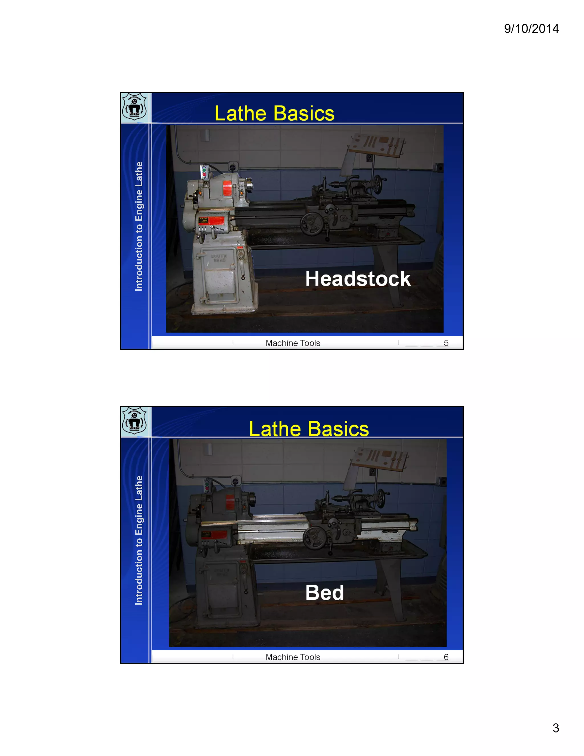 9/10/2014
3
Machine Tools 5
Lathe Basics
Headstock
IntroductiontoEngineLathe
Machine Tools 6
Lathe Basics
Bed
IntroductiontoEngineLathe
 