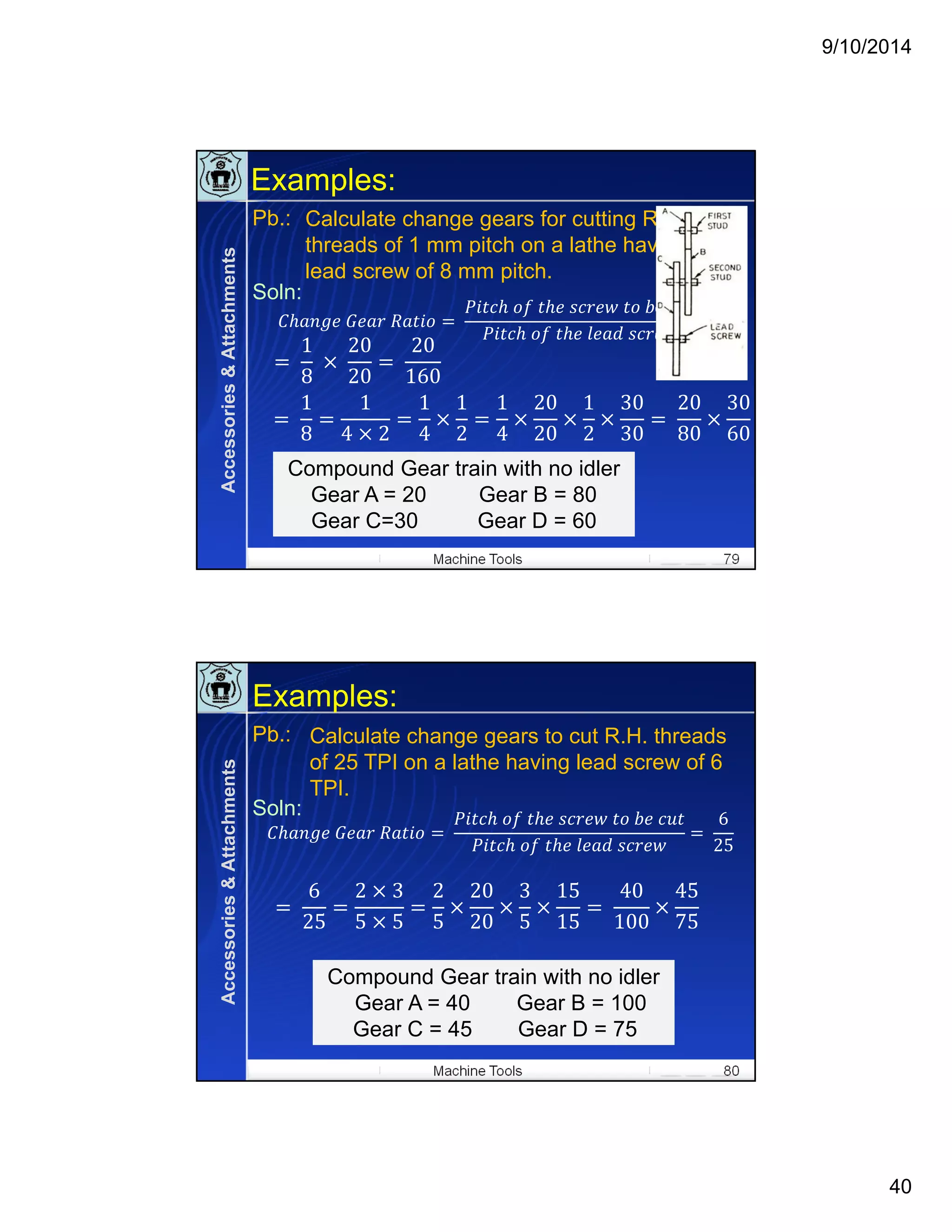 9/10/2014
40
Machine Tools 79
Examples:
Calculate change gears for cutting R.H.
threads of 1 mm pitch on a lathe having
lead screw of 8 mm pitch.
	 	 	
	 	 	 	 	 	
	 	 	 	
	
1
8
	
1
8
	 	
20
20
	
20
160
Compound Gear train with no idler
Gear A = 20 Gear B = 80
Gear C=30 Gear D = 60
Compound Gear train with no idler
Gear A = 20 Gear B = 80
Gear C=30 Gear D = 60
	
1
8
1
4 2
1
4
1
2
1
4
20
20
1
2
30
30
	
20
80
30
60
Pb.:
Soln:
Accessories&Attachments
Machine Tools 80
Examples:
Calculate change gears to cut R.H. threads
of 25 TPI on a lathe having lead screw of 6
TPI.
Pb.:
Soln:
	 	 	
	 	 	 	 	 	
	 	 	 	
	
6
25
	
6
25
2 3
5 5
2
5
20
20
3
5
15
15
	
40
100
45
75
Compound Gear train with no idler
Gear A = 40 Gear B = 100
Gear C = 45 Gear D = 75
Compound Gear train with no idler
Gear A = 40 Gear B = 100
Gear C = 45 Gear D = 75
Accessories&Attachments
 