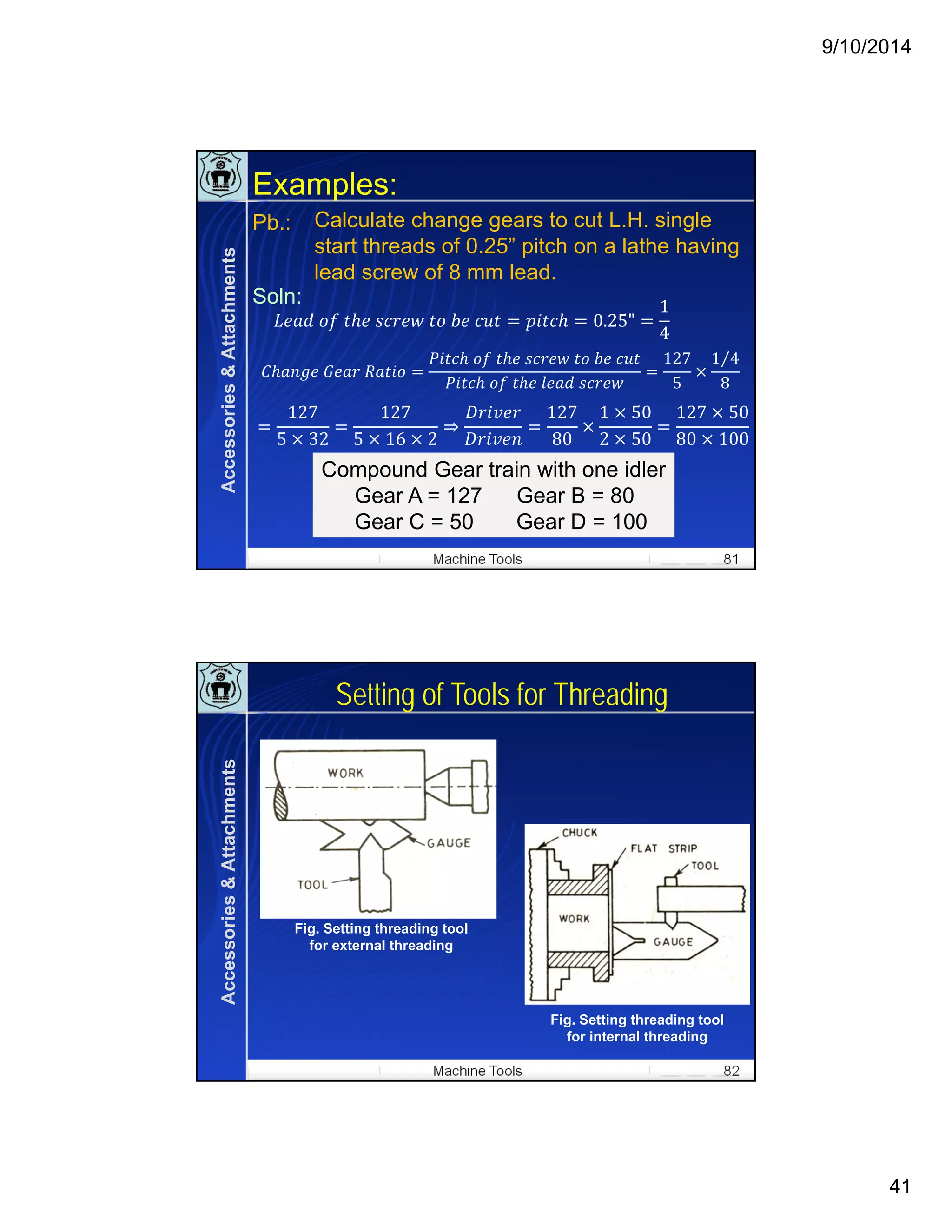 9/10/2014
41
Machine Tools 81
Examples:
Calculate change gears to cut L.H. single
start threads of 0.25” pitch on a lathe having
lead screw of 8 mm lead.
Compound Gear train with one idler
Gear A = 127 Gear B = 80
Gear C = 50 Gear D = 100
Compound Gear train with one idler
Gear A = 127 Gear B = 80
Gear C = 50 Gear D = 100
	 	 	 	 	 	 0.25"
1
4
	 	
	 	 	 	 	 	
	 	 	 	
127
5
1 4⁄
8
127
5 32
127
5 16 2
⇒
127
80
1 50
2 50
127 50
80 100
Pb.:
Soln:
Accessories&Attachments
Machine Tools 82
Setting of Tools for Threading
Fig. Setting threading tool
for external threading
Fig. Setting threading tool
for internal threading
Accessories&Attachments
 