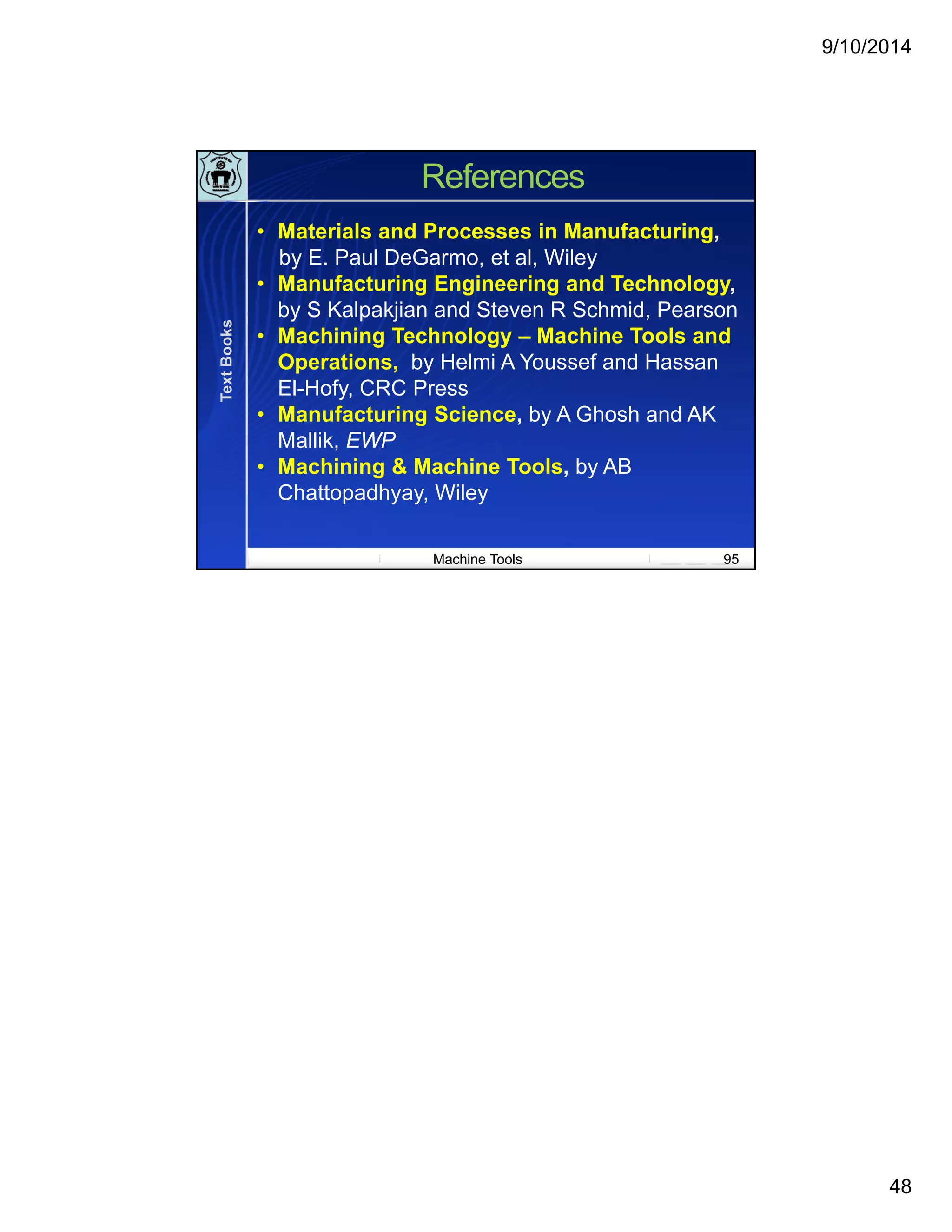 9/10/2014
48
Machine Tools 95
References
TextBooks • Materials and Processes in Manufacturing,
by E. Paul DeGarmo, et al, Wiley
• Manufacturing Engineering and Technology,
by S Kalpakjian and Steven R Schmid, Pearson
• Machining Technology – Machine Tools and
Operations, by Helmi A Youssef and Hassan
El-Hofy, CRC Press
• Manufacturing Science, by A Ghosh and AK
Mallik, EWP
• Machining & Machine Tools, by AB
Chattopadhyay, Wiley
 