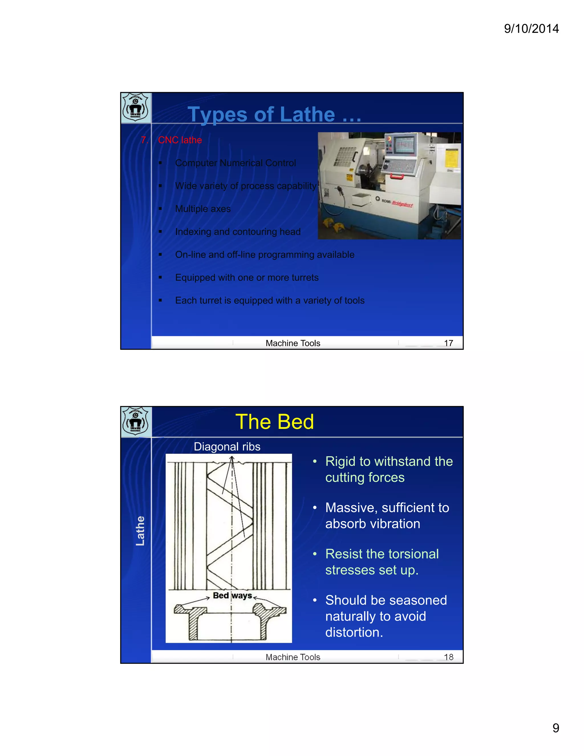 9/10/2014
9
Machine Tools 17
Types of Lathe …
7. CNC lathe
 Computer Numerical Control
 Wide variety of process capability
 Multiple axes
 Indexing and contouring head
 On-line and off-line programming available
 Equipped with one or more turrets
 Each turret is equipped with a variety of tools
Machine Tools 18
The Bed
• Rigid to withstand the
cutting forces
• Massive, sufficient to
absorb vibration
• Resist the torsional
stresses set up.
• Should be seasoned
naturally to avoid
distortion.
Diagonal ribs
Lathe
 