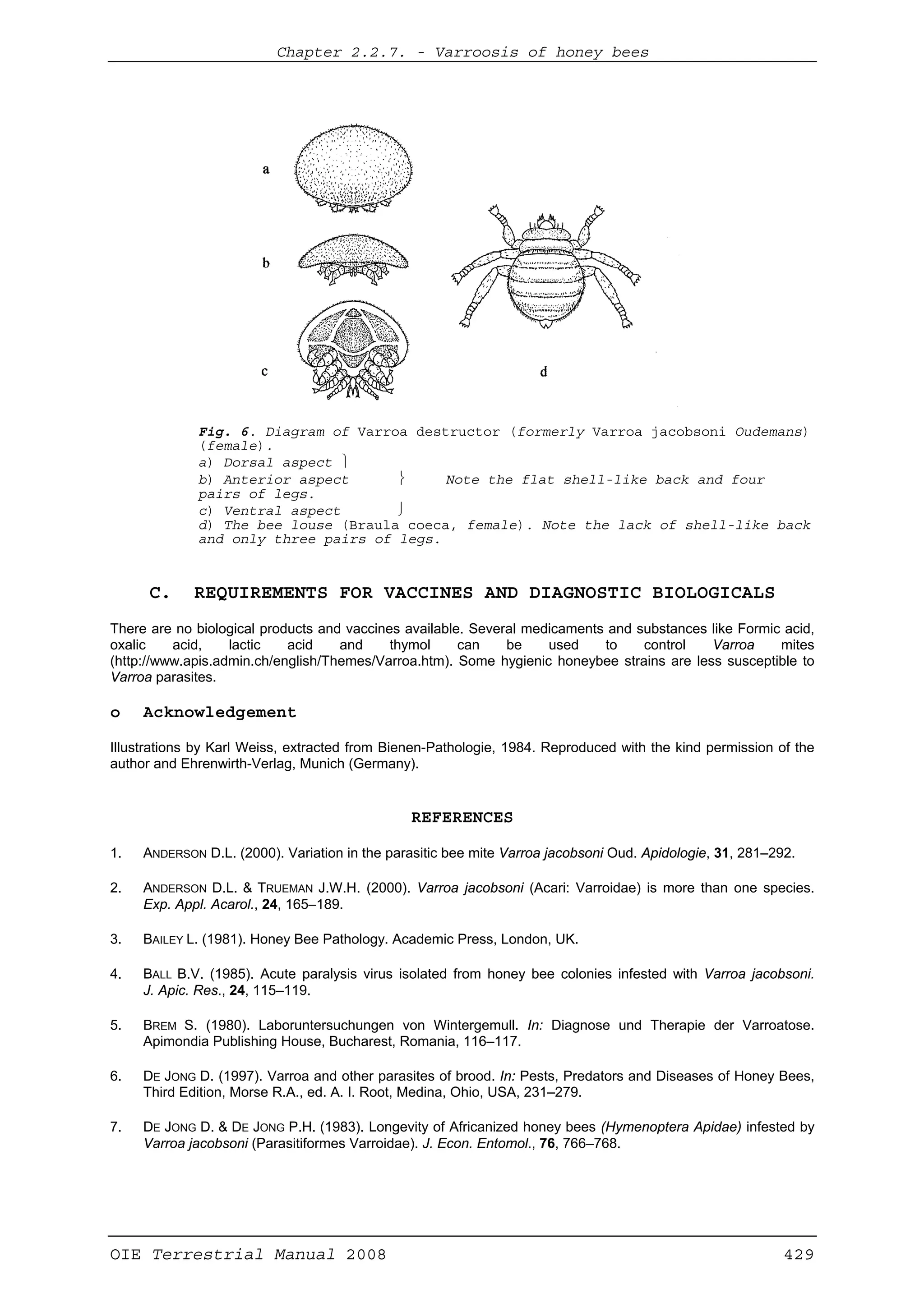 Chapter 2.2.7. -- Varroosis of honey bees
OIE Terrestrial Manual 2008 429
Fig. 6. Diagram of Varroa destructor (formerly Varroa jacobsoni Oudemans)
(female).
a) Dorsal aspect ⎫
b) Anterior aspect ⎬ Note the flat shell-like back and four
pairs of legs.
c) Ventral aspect ⎭
d) The bee louse (Braula coeca, female). Note the lack of shell-like back
and only three pairs of legs.
C. REQUIREMENTS FOR VACCINES AND DIAGNOSTIC BIOLOGICALS
There are no biological products and vaccines available. Several medicaments and substances like Formic acid,
oxalic acid, lactic acid and thymol can be used to control Varroa mites
(http://www.apis.admin.ch/english/Themes/Varroa.htm). Some hygienic honeybee strains are less susceptible to
Varroa parasites.
o Acknowledgement
Illustrations by Karl Weiss, extracted from Bienen-Pathologie, 1984. Reproduced with the kind permission of the
author and Ehrenwirth-Verlag, Munich (Germany).
REFERENCES
1. ANDERSON D.L. (2000). Variation in the parasitic bee mite Varroa jacobsoni Oud. Apidologie, 31, 281–292.
2. ANDERSON D.L. & TRUEMAN J.W.H. (2000). Varroa jacobsoni (Acari: Varroidae) is more than one species.
Exp. Appl. Acarol., 24, 165–189.
3. BAILEY L. (1981). Honey Bee Pathology. Academic Press, London, UK.
4. BALL B.V. (1985). Acute paralysis virus isolated from honey bee colonies infested with Varroa jacobsoni.
J. Apic. Res., 24, 115–119.
5. BREM S. (1980). Laboruntersuchungen von Wintergemull. In: Diagnose und Therapie der Varroatose.
Apimondia Publishing House, Bucharest, Romania, 116–117.
6. DE JONG D. (1997). Varroa and other parasites of brood. In: Pests, Predators and Diseases of Honey Bees,
Third Edition, Morse R.A., ed. A. I. Root, Medina, Ohio, USA, 231–279.
7. DE JONG D. & DE JONG P.H. (1983). Longevity of Africanized honey bees (Hymenoptera Apidae) infested by
Varroa jacobsoni (Parasitiformes Varroidae). J. Econ. Entomol., 76, 766–768.
 
