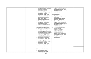 ; Mengumpulkan data dari
berbagai sumber
berkaitan tentang
Konstitusi Negara yang
mengatur tentang
keuangan, BPK, dan
kekuasaan kehakiman
; Menentukan sumber
data yang akan
dikumpulkan tentang
Konstitusi Negara yang
mengatur keuangan
negara, BPK, dan
kekuasaan kehakiman
Menalar/Mengasosiasi
; Menentukan hubungan
pasal yang satu dengan
pasal yang lain berkaitan
dengan Konstitusi Negara
yang mengatur tentang
keuangan, BPK, dan
kekuasaan kehakiman
; Menyimpulkan pasal-
pasal dalam UUD 1945
yang mengatur
Konstitusi Negara yang
mengatur tentang
keuangan, BPK, dan
kekuasaan kehakiman
Mengomunikasikan
; Menyajikan hasil
pengumpulan data
Negara yang mengatur
tentang keuangan, BPK,
dan kekuasaan
kehakiman
Keterampilan:
; Checklist pengamatan
pada saat
melaksanakan debat
terbuka berkaitan
dengan Konstitusi
Negara yang mengatur
tentang keuangan, BPK,
dan kekuasaan
kehakiman
; Portofolio kumpulan
bahan untuk
melakukan debat
terbuka berkaitan
dengan Konstitusi
Negara yang mengatur
tentang keuangan, BPK,
dan kekuasaan
kehakiman
- 135 -
 
