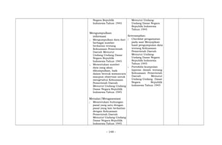Negara Republik
Indonesia Tahun 1945
Mengumpulkan
informasi
; Mengumpulkan data dari
berbagai sumber
berkaitan tentang
Kekuasaan Pemerintah
Daerah Menurut
Undang-Undang Dasar
Negara Republik
Indonesia Tahun 1945
; Menentukan sumber
data yang akan
dikumpulkan, baik
dalam bentuk wawancara
maupun observasi untuk
mengetahui Kekuasaan
Pemerintah Daerah
Menurut Undang-Undang
Dasar Negara Republik
Indonesia Tahun 1945
Menalar/Mengasosiasi
; Menentukan hubungan
pasal yang satu dengan
pasal yang lain berkaitan
dengan Kekuasaan
Pemerintah Daerah
Menurut Undang-Undang
Dasar Negara Republik
Indonesia Tahun 1945
Menurut Undang-
Undang Dasar Negara
Republik Indonesia
Tahun 1945
Keterampilan:
; Checklist pengamatan
pada saat Menyajikan
hasil pengumpulan data
tentang Kekuasaan
Pemerintah Daerah
Menurut Undang-
Undang Dasar Negara
Republik Indonesia
Tahun 1945
; Portofolio kumpulan
laporan ilmiah tentang
Kekuasaan Pemerintah
Daerah Menurut
Undang-Undang Dasar
Negara Republik
Indonesia Tahun 1945
- 148 -
 