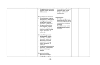 ; Mengajukan pertanyaan
tentang sistem peradilan
di Indonesia
Mengumpulkan informasi
; Mewawancarai pegawai
pengadilan di daerahnya
masing-masing untuk
mengetahui sistem
peradilan di Indonesia
; Mengumpulkan data
dari berbagai sumber
termasuk media cetak
dan elektronik tentang
sistem peradilan di
Indonesia
Menalar/Mengasosiasi
; Menganalisis sistem
peradilan pusat dan
daerah di Indonesia
; Menyimpukan hasil
temuannya tentang
sistem peradilan di
Indonesia
; Mengelompokkan sistem
peradilan di Indonesia
dari pusat sampai
daerah
Mengomunikasikan
; Mempresentasikan
dengan power point
tentang sistem hukum
nasional yang sesuai
dengan kebutuhan
masyarakat
Keterampilan:
; Checklist pengamatan
pada saat peserta didik
menyajikan hasil telaah
tentang sistem hukum
nasional
; Portofolio: chart berisi
skmea sistem hukum
nasional
- 42 -
 