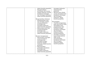 dalam konteks geopolitik
; Mengidentifikasi
pertanyaan dari konsep
sampai hipotesis tentang
kesadaran berbangsa
dan bernegara Indonesia
dalam konteks geopolitik
Mengumpulkan informasi
; Mengumpulkan data
dari berbagai sumber
tentang kesadaran
berbangsa dan
bernegara Indonesia
dalam konteks geopolitik
; Menentukan jenis data
tentang kesadaran
berbangsa dan
bernegara Indonesia
dalam konteks geopolitik
Menalar/mengasosiasi
; Menentukan hubungan
antara kesadaran
berbangsa dan
bernegara dengan
kesatuan bangsa
Indonesia dalam konteks
geopolitik
; Menyimpulkan
pentingnya kesadaran
berbangsa dan
bernegara Indonesia
dalam konteks geopolitik
bernegara Indonesia
dalam konteks
geopolitik
; Menulis karya ilmiah
untuk menumbuh-kan
kesadaran berbangsa
dan bernegara
Indonesia dalam
konteks geopolitik
Keterampilan:
; Checklist pengamatan
pada saat peserta didik
menyajikan hasil
pengumpulan data
berkaitan dengan
kesadaran berbangsa
dan bernegara
Indonesia dalam
konteks geopolitik
; Portofolio: kumpulan
karya ilmiah peserta
didik untuk
menumbuhkan
kesadaran berbangsa
dan bernegara
Indonesia dalam
konteks geopolitik
- 65 -
 