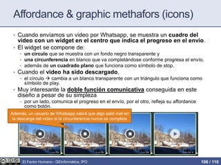 Affordance & graphic methafors (icons)
• Cuando enviamos un video por Whatsapp, se muestra un cuadro del
video con un widget en el centro que indica el progreso en el envío.
• El widget se compone de:
• un círculo que se muestra con un fondo negro transparente y
• una circunferencia en blanco que va completándose conforme progresa el envío,
• además de un cuadrado plano que funciona como símbolo de stop.
• Cuando el video ha sido descargado,
• el círculo  cambia a un blanco transparente con un triángulo que funciona como
símbolo de play.
• Muy interesante la doble función comunicativa conseguida en este
diseño a pesar de su simpleza
• por un lado, comunica el progreso en el envío, por el otro, refleja su affordance
como botón.
Además, un usuario de Whatsapp sabrá que algo salió mal en
la descarga del vídeo si la circunferencia nunca se completa
El Factor Humano - GEInformàtica, IPO 106 / 110
 