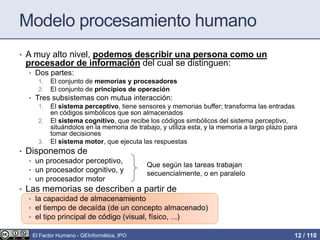 Modelo procesamiento humano
• A muy alto nivel, podemos describir una persona como un
procesador de información del cual se distinguen:
• Dos partes:
1. El conjunto de memorias y procesadores
2. El conjunto de principios de operación
• Tres subsistemas con mutua interacción:
1. El sistema perceptivo, tiene sensores y memorias buffer; transforma las entradas
en códigos simbólicos que son almacenados
2. El sistema cognitivo, que recibe los códigos simbólicos del sistema perceptivo,
situándolos en la memoria de trabajo, y utiliza esta, y la memoria a largo plazo para
tomar decisiones
3. El sistema motor, que ejecuta las respuestas
• Disponemos de
• un procesador perceptivo,
• un procesador cognitivo, y
• un procesador motor
• Las memorias se describen a partir de
• la capacidad de almacenamiento
• el tiempo de decaída (de un concepto almacenado)
• el tipo principal de código (visual, físico, ...)
Que según las tareas trabajan
secuencialmente, o en paralelo
El Factor Humano - GEInformàtica, IPO 12 / 110
 