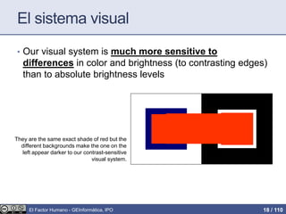 El sistema visual
• Our visual system is much more sensitive to
differences in color and brightness (to contrasting edges)
than to absolute brightness levels
They are the same exact shade of red but the
different backgrounds make the one on the
left appear darker to our contrast-sensitive
visual system.
El Factor Humano - GEInformàtica, IPO 18 / 110
 