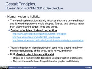 Gestalt Principles.
Human Vision is OPTIMIZED to See Structure
• Human vision is holistic:
• The visual system automatically imposes structure on visual input
and is wired to perceive whole shapes, figures, and objects rather
than disconnected edges, lines and areas.
Gestalt principles of visual perception
http://www.scholarpedia.org/article/Gestalt_principles
http://en.wikipedia.org/wiki/Gestalt_psychology
http://www.slideshare.net/chelsc/gestalt-laws-and-design-presentation
• Today’s theories of visual perception tend to be based heavily on
the neurophysiology of the eyes, optic nerve, and brain
• BUT, Gestalt principles are still valid
• at least as a framework for describing visual perception explanations
• Also provides useful basis for guidelines for graphic and UI design
El Factor Humano - GEInformàtica, IPO 57 / 110
 