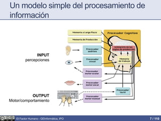 Un modelo simple del procesamiento de
información
INPUT
percepciones
OUTPUT
Motor/comportamiento
El Factor Humano - GEInformàtica, IPO 7 / 110
 