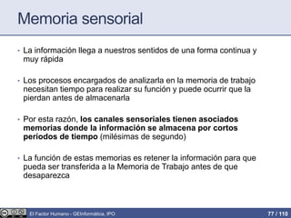 Memoria sensorial
• La información llega a nuestros sentidos de una forma continua y
muy rápida
• Los procesos encargados de analizarla en la memoria de trabajo
necesitan tiempo para realizar su función y puede ocurrir que la
pierdan antes de almacenarla
• Por esta razón, los canales sensoriales tienen asociados
memorias donde la información se almacena por cortos
períodos de tiempo (milésimas de segundo)
• La función de estas memorias es retener la información para que
pueda ser transferida a la Memoria de Trabajo antes de que
desaparezca
El Factor Humano - GEInformàtica, IPO 77 / 110
 