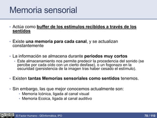 Memoria sensorial
• Actúa como buffer de los estímulos recibidos a través de los
sentidos
• Existe una memoria para cada canal, y se actualizan
constantemente
• La información se almacena durante periodos muy cortos
• Este almacenamiento nos permite predecir la procedencia del sonido (se
percibe por cada oído con un cierto desfase), o un fogonazo en la
oscuridad (persistencia de la imagen tras haber cesado el estímulo).
• Existen tantas Memorias sensoriales como sentidos tenemos.
• Sin embargo, las que mejor conocemos actualmente son:
• Memoria Icónica, ligada al canal visual
• Memoria Ecoica, ligada al canal auditivo
El Factor Humano - GEInformàtica, IPO 78 / 110
 