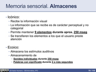 Memoria sensorial. Almacenes
• Icónico:
• Recibe la información visual
• La información que se recibe es de carácter perceptual y no
categorial
• Permite mantener 9 elementos durante aprox. 250 mseg
• Se transfieren los elementos a los que el usuario preste
atención
• Ecoico:
• Almacena los estímulos auditivos
• Almacenamiento de
• Sonidos individuales durante 250 mseg
• Palabras con significado durante 2 o más segundos
El Factor Humano - GEInformàtica, IPO 79 / 110
 