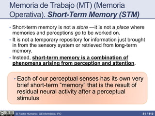Memoria de Trabajo (MT) (Memoria
Operativa). Short-Term Memory (STM)
• Short-term memory is not a store —it is not a place where
memories and perceptions go to be worked on.
• It is not a temporary repository for information just brought
in from the sensory system or retrieved from long-term
memory.
• Instead, short-term memory is a combination of
phenomena arising from perception and attention.
• Each of our perceptual senses has its own very
brief short-term “memory” that is the result of
residual neural activity after a perceptual
stimulus
El Factor Humano - GEInformàtica, IPO 81 / 110
 