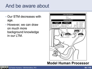 And be aware about
• Our STM decreases with
age.
• However, we can draw
on much more
background knowledge
in our LTM.
Model Human Processor
El Factor Humano - GEInformàtica, IPO 99 / 110
 