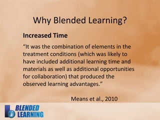 Why Blended Learning?
Increased Time
“It was the combination of elements in the
treatment conditions (which was likely to
have included additional learning time and
materials as well as additional opportunities
for collaboration) that produced the
observed learning advantages.”
Means et al., 2010
 