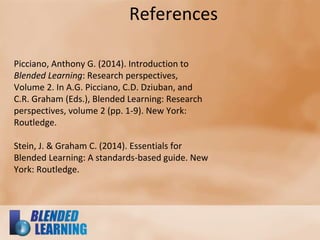 References
Picciano, Anthony G. (2014). Introduction to
Blended Learning: Research perspectives,
Volume 2. In A.G. Picciano, C.D. Dziuban, and
C.R. Graham (Eds.), Blended Learning: Research
perspectives, volume 2 (pp. 1-9). New York:
Routledge.
Stein, J. & Graham C. (2014). Essentials for
Blended Learning: A standards-based guide. New
York: Routledge.
 