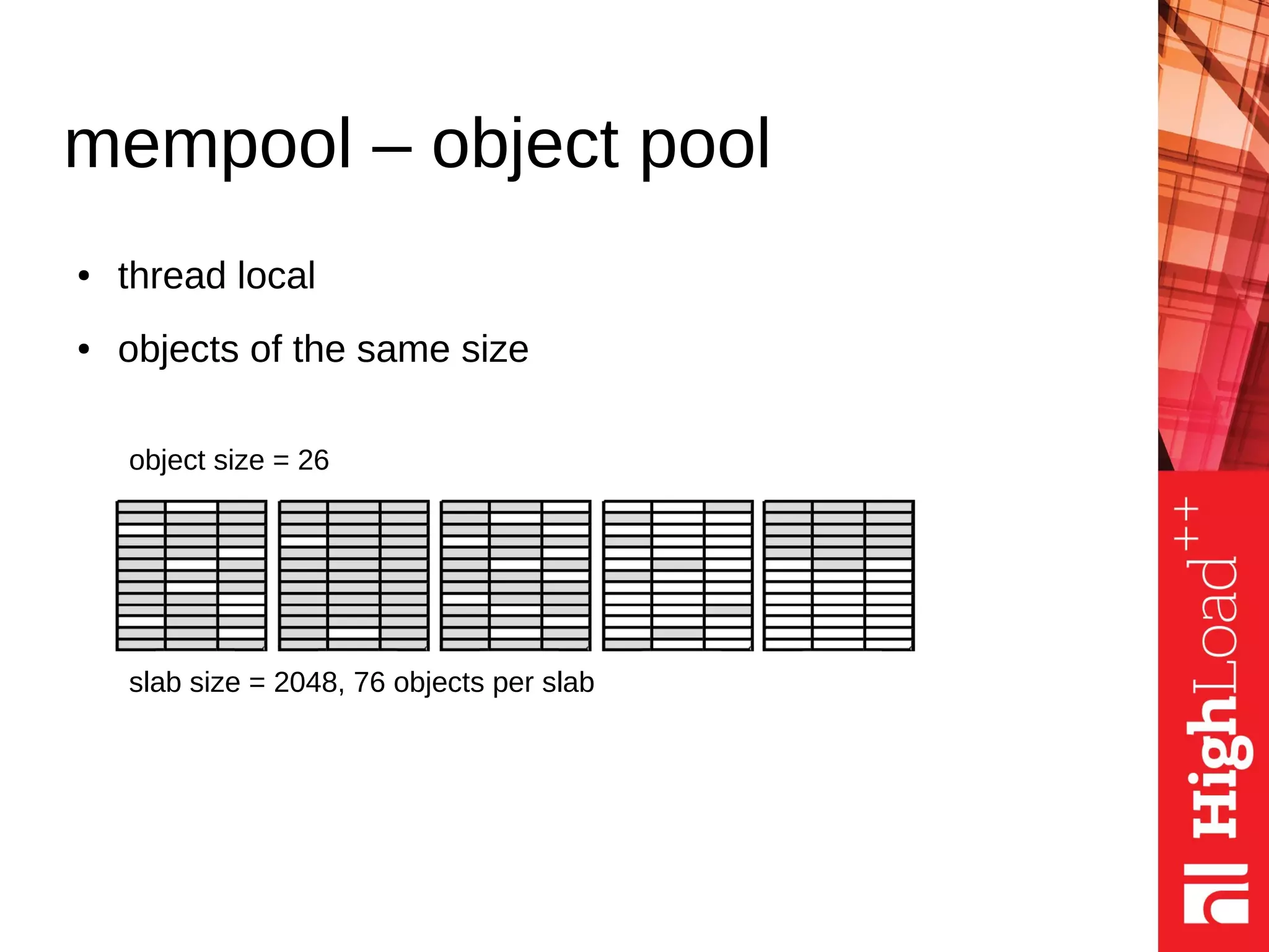 mempool – object pool
● thread local
● objects of the same size
object size = 26
slab size = 2048, 76 objects per slab
 